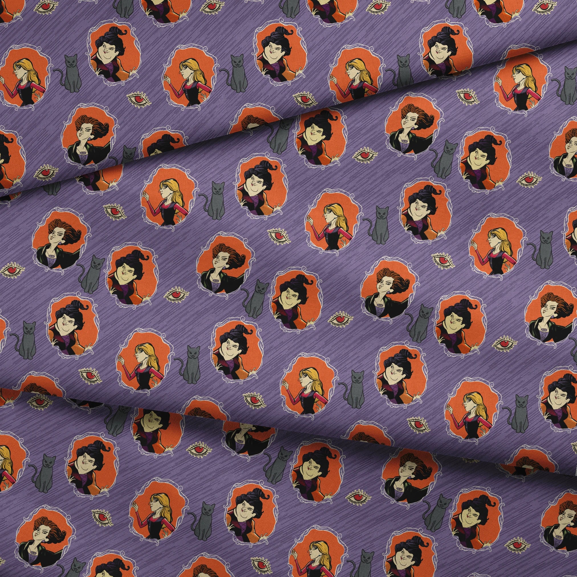 Purple background pattern with illustrated cartoon characters, black cats, and eye symbols in orange circular frames fabric fold mockup