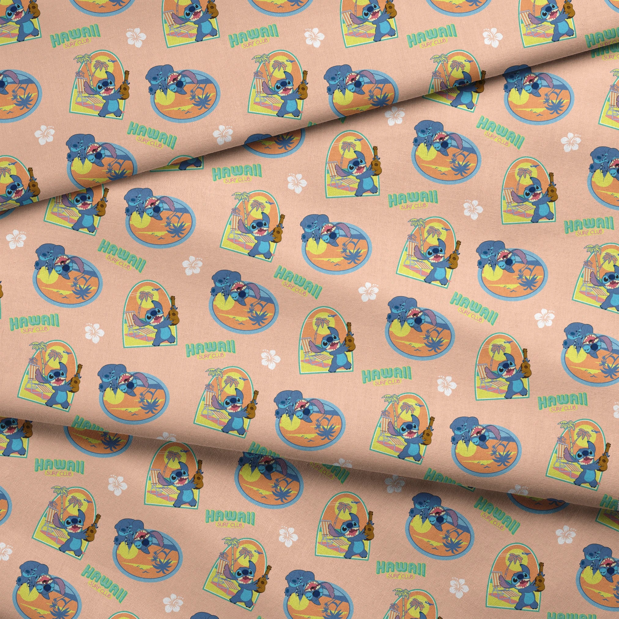 Disney's Stitch character on peach background with Hawaii-themed illustrations featuring surfboards, ukulele, and tropical imagery fabric fold mockup