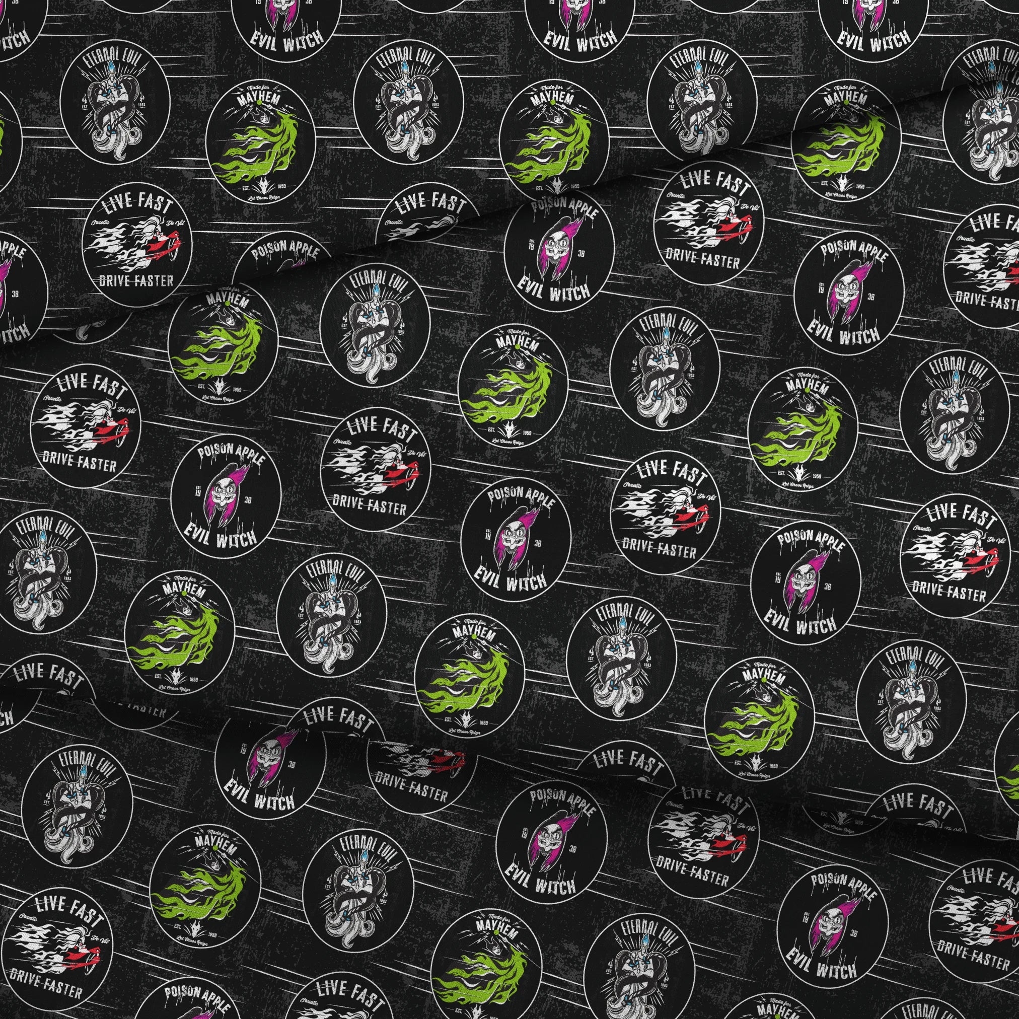 Punk-style Disney Villain circular badges including "Eternal Evil," "Live Fast Drive Faster," and green "Mayhem" designs on black background fabric fold mockup