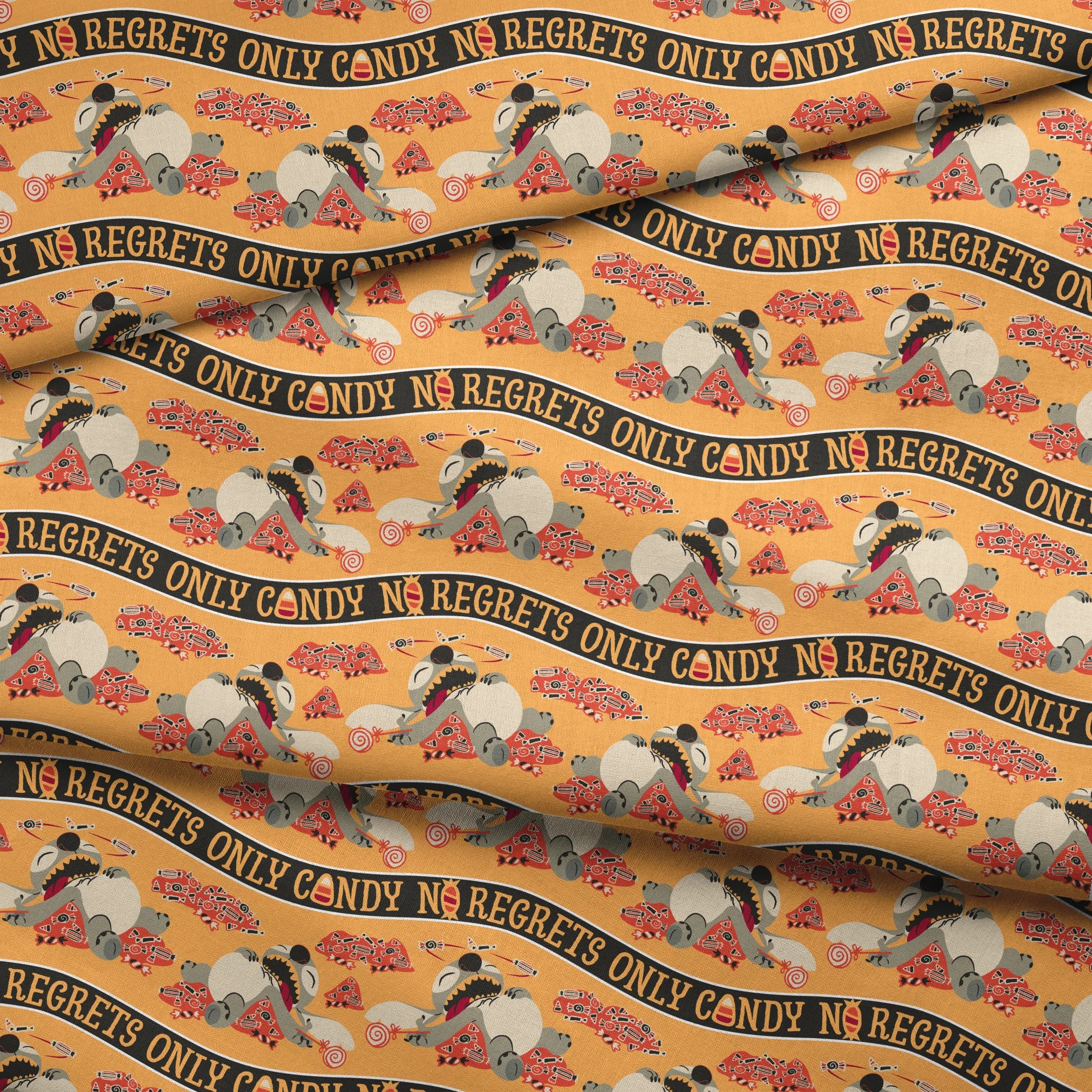 Repeating pattern with "NO REGRETS ONLY CANDY" text, featuring Disney's Stitch and candy corn on orange background. fabric fold mockup