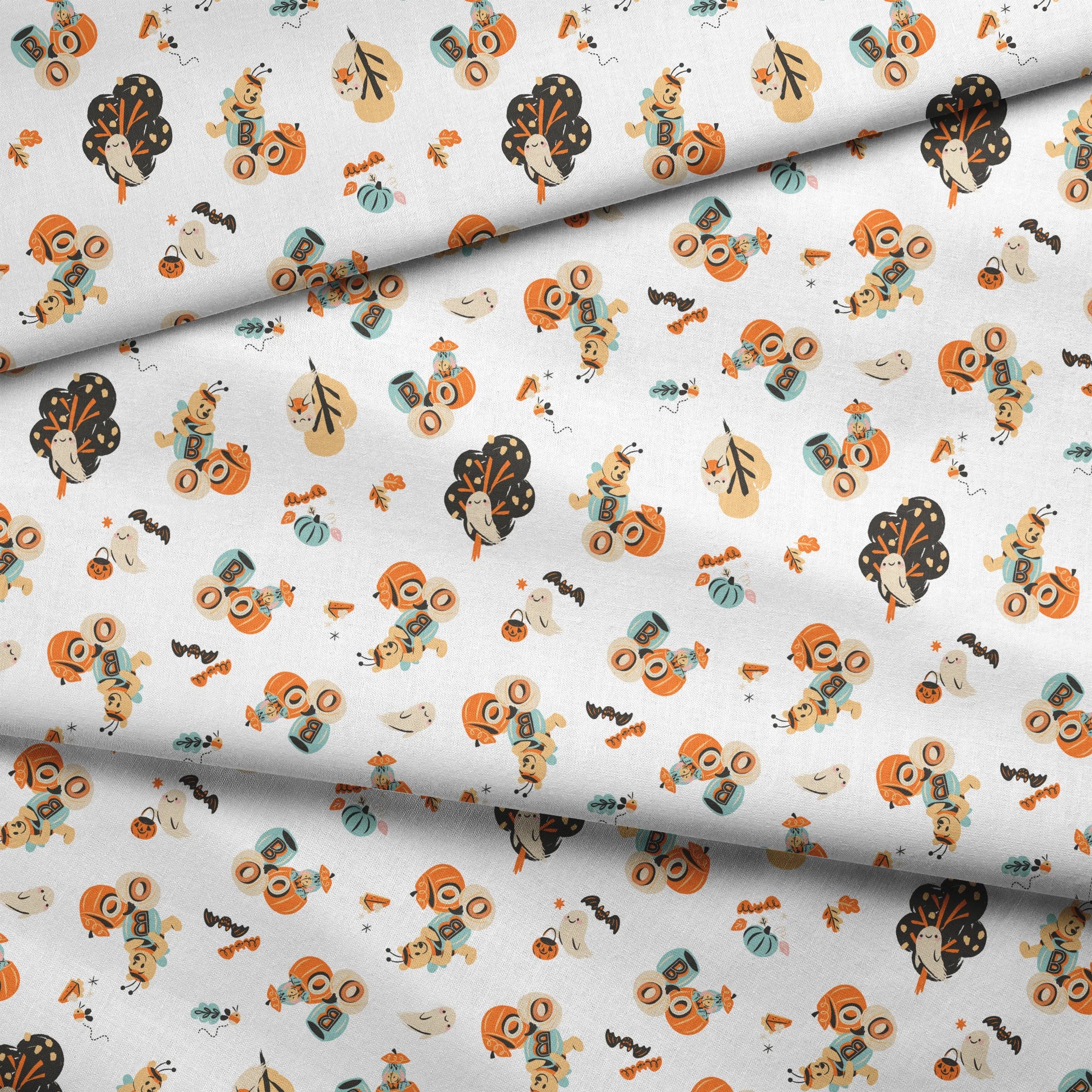 Halloween-themed pattern with Winnie the Pooh characters, pumpkins, and autumn motifs in orange, teal and black on white background. fabric fold mockup