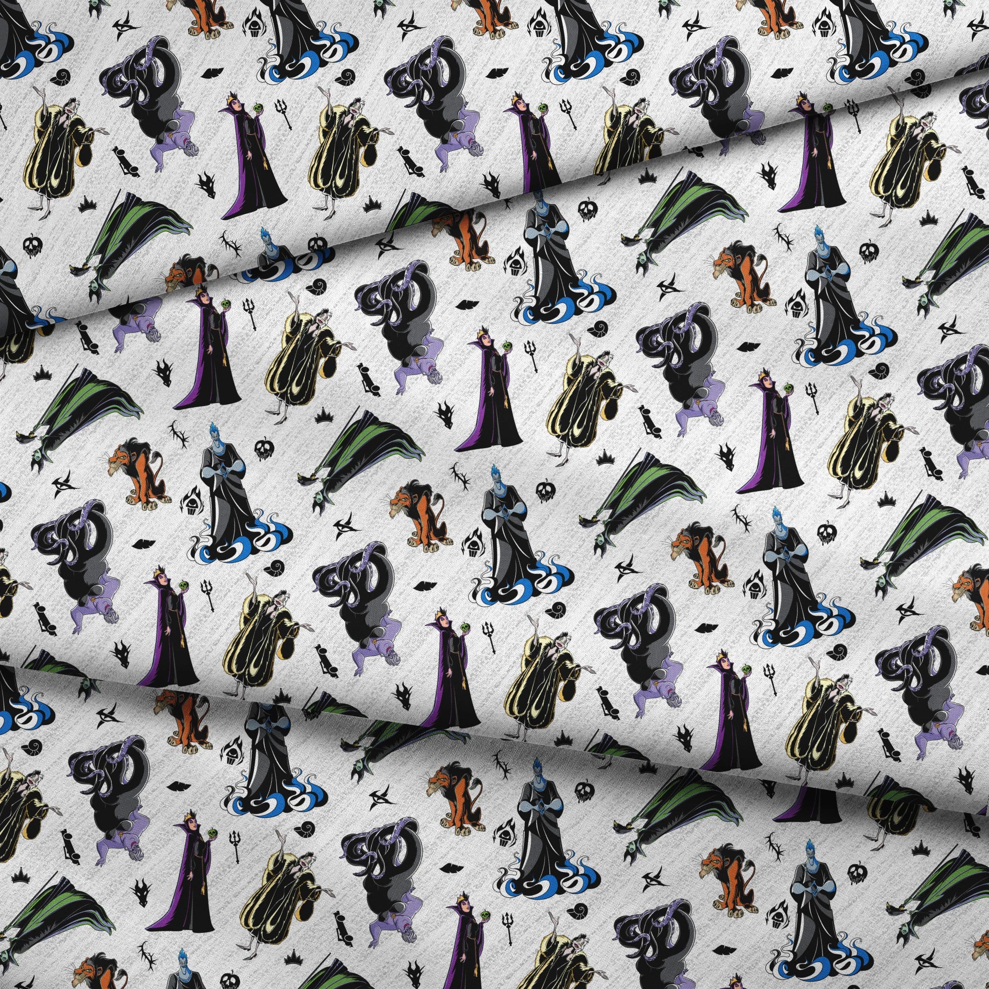 Disney villains pattern with stylized character silhouettes in black, purple, green, and orange on textured white background fabric fold mockup