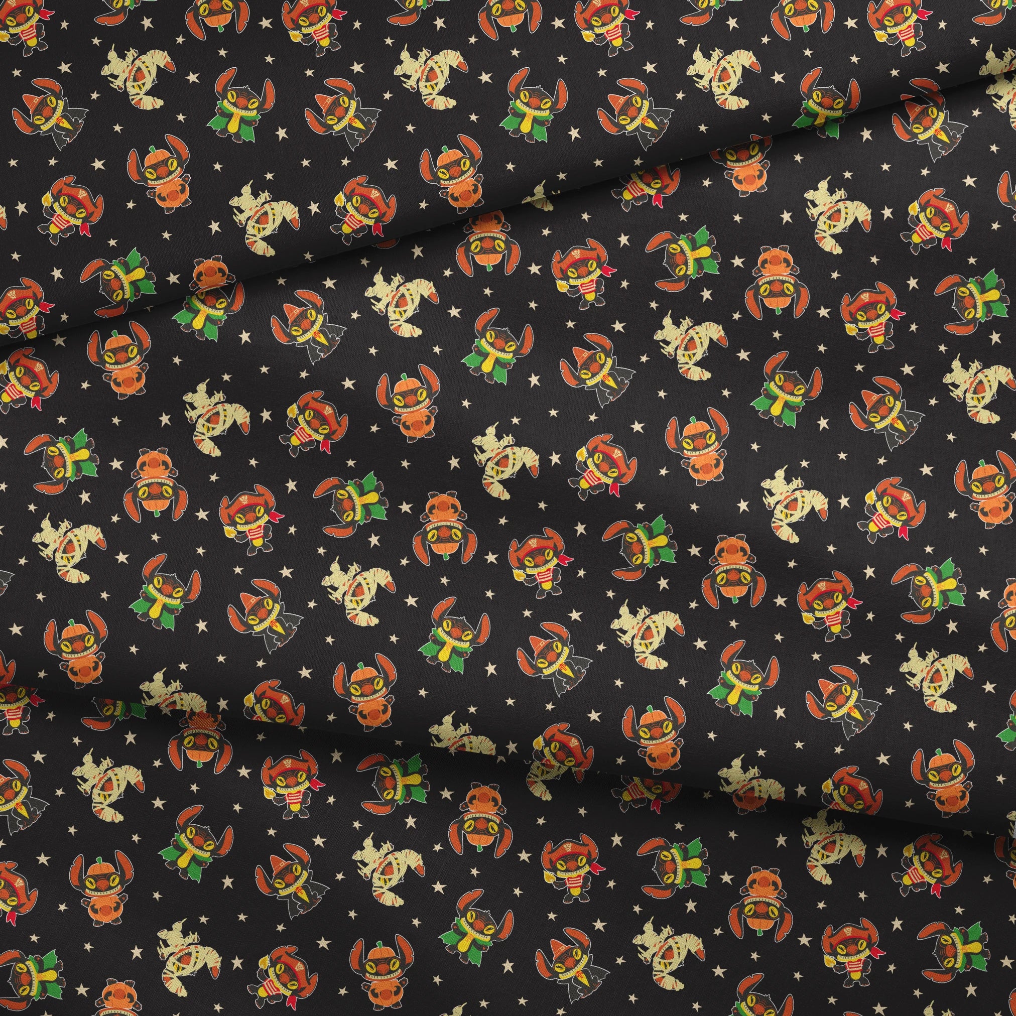 Pattern of Stitch in vibrant colors on black background with stars fabric fold mockup