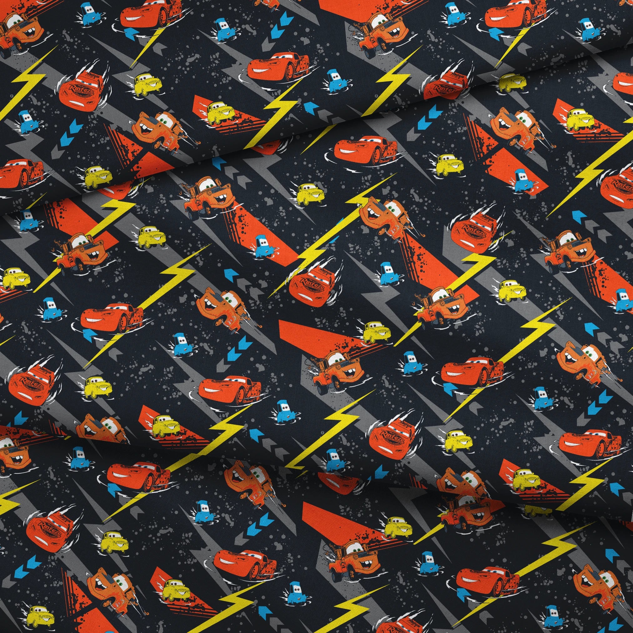 Pattern of animated red race cars with lightning bolt designs on dark background with yellow lightning strikes and blue accents fabric fold mockup