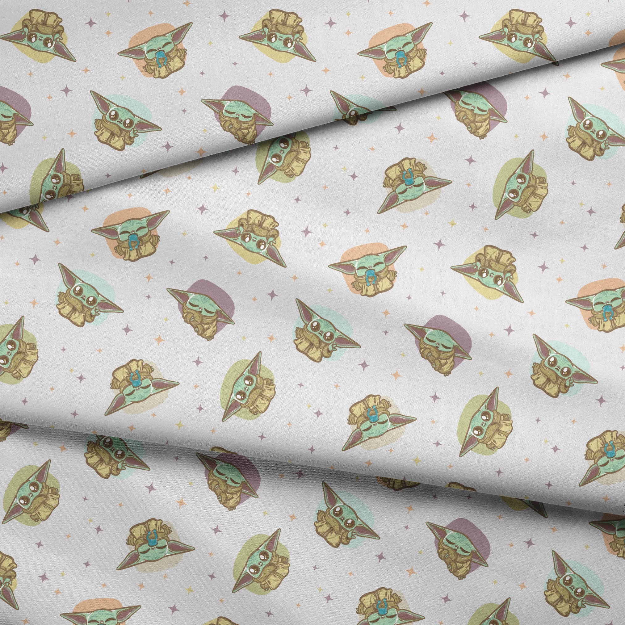 Cute cartoon characters in floating pods with big ears against a starry background, pastel colors fabric fold mockup