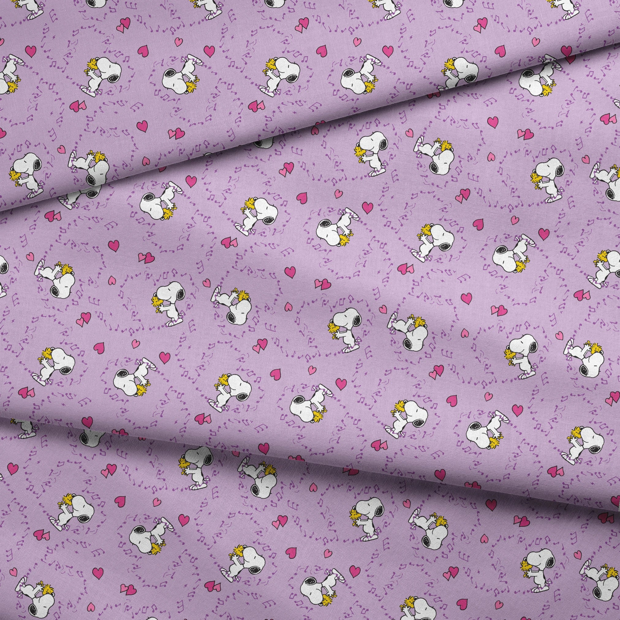 Snoopy and Woodstock on purple background with pink hearts and music notes fabric fold mockup