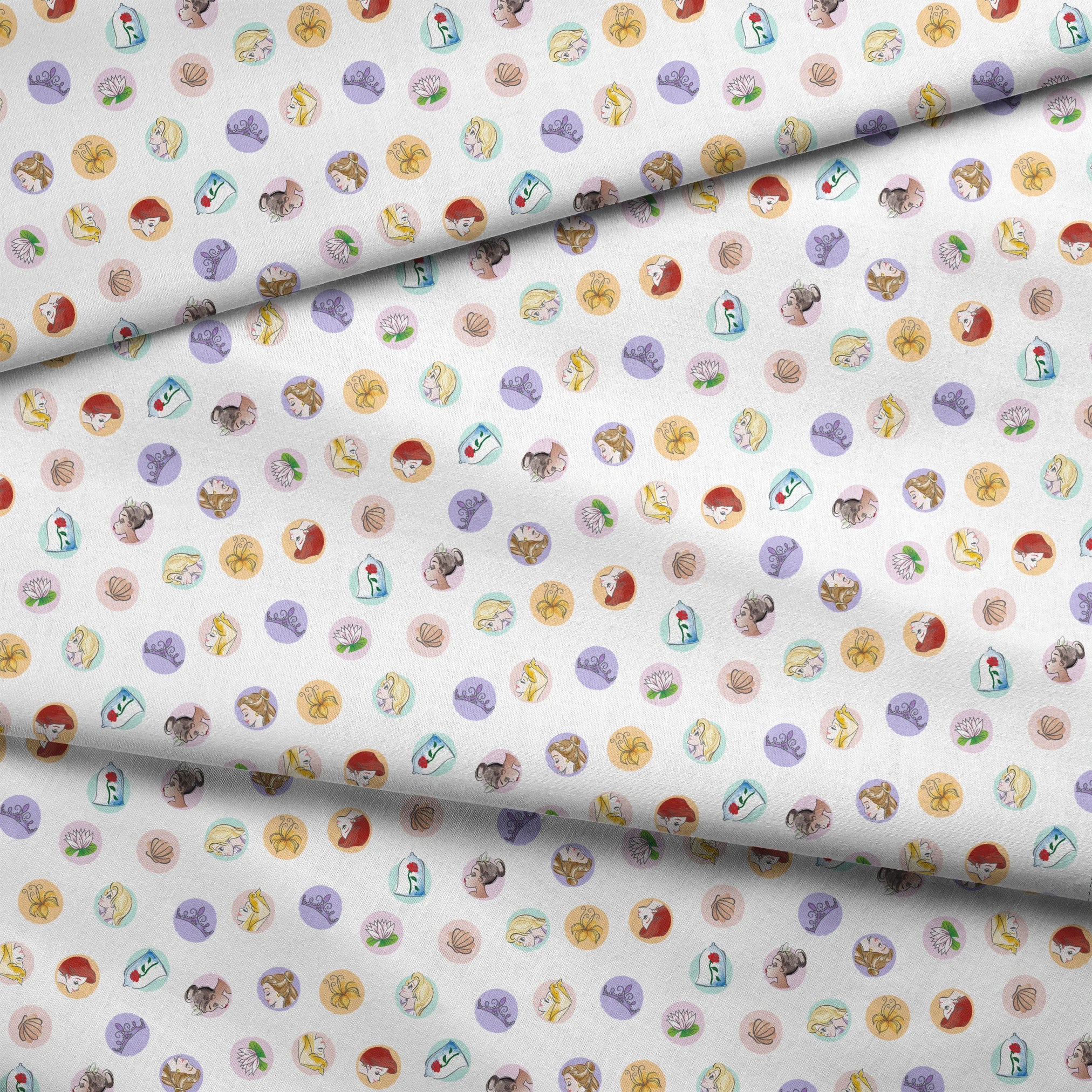 Colorful circular illustrations featuring Disney Princesses and symbols on white background fabric fold mockup