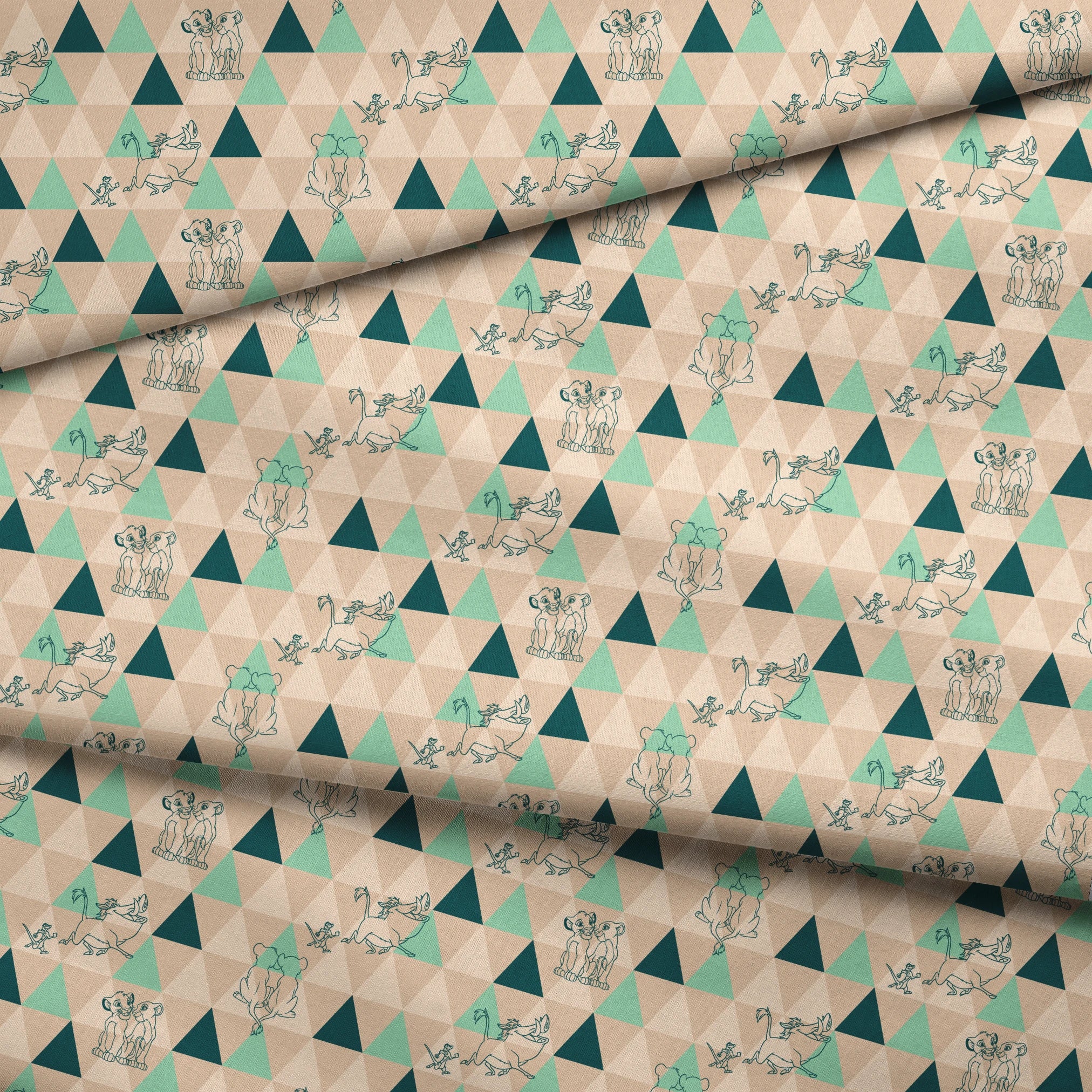 Geometric triangle pattern with stylized animal illustrations in teal and beige, featuring dogs, elephants, and other creatures. fabric fold mockup