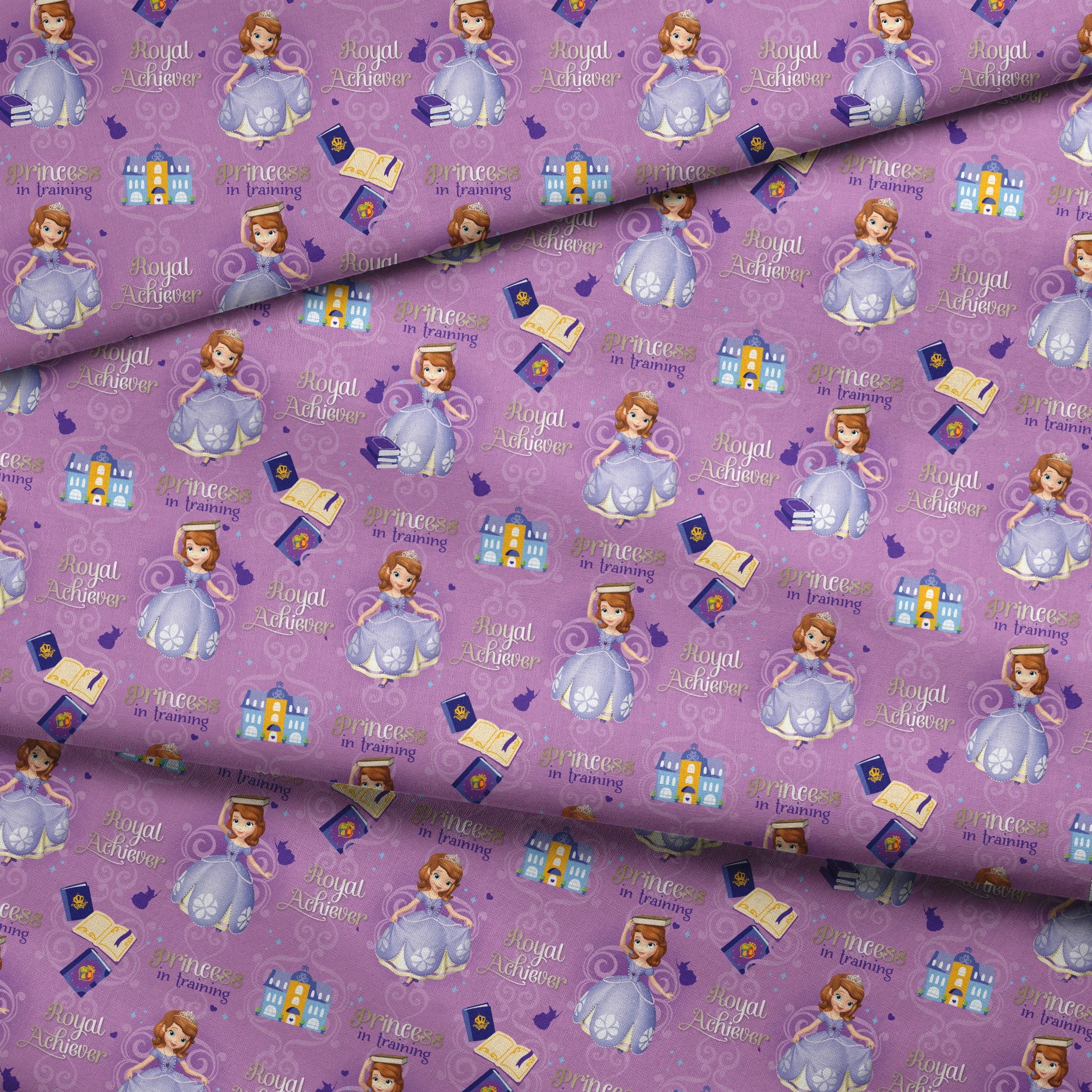 Princess Sofia pattern with "Royal Achiever" and "Princess in Training" text, purple background with castles and books fabric fold mockup
