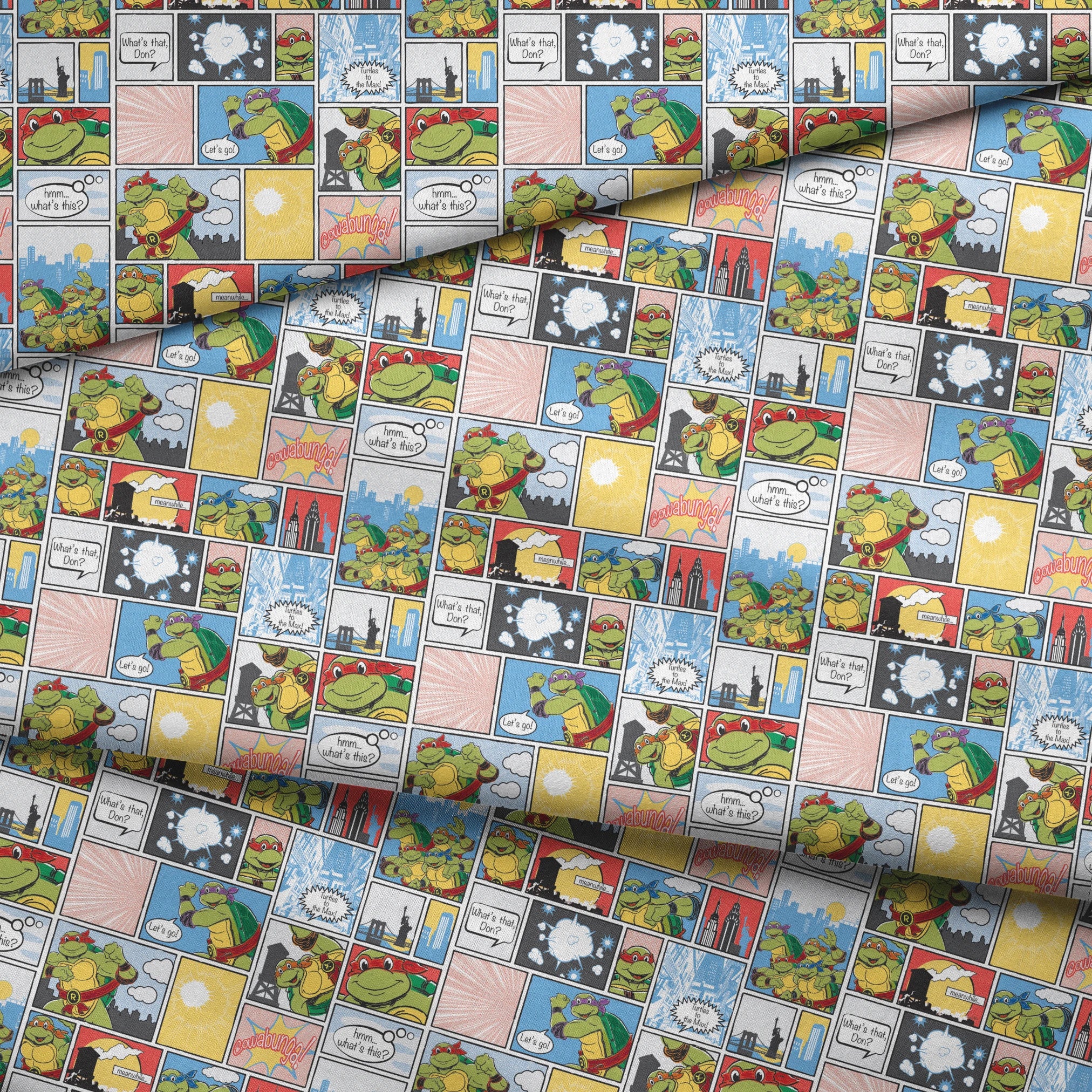 Comic-style grid featuring Teenage Mutant Ninja Turtles with speech bubbles, action scenes, and colorful panels fabric fold mockup