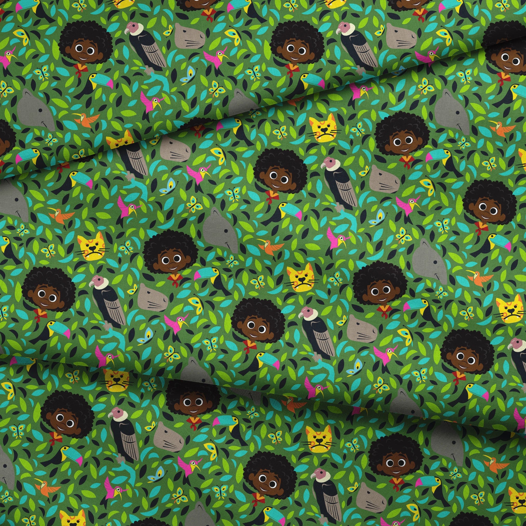 Colorful illustration with children, birds, butterflies, and animals among vibrant green foliage. fabric fold mockup