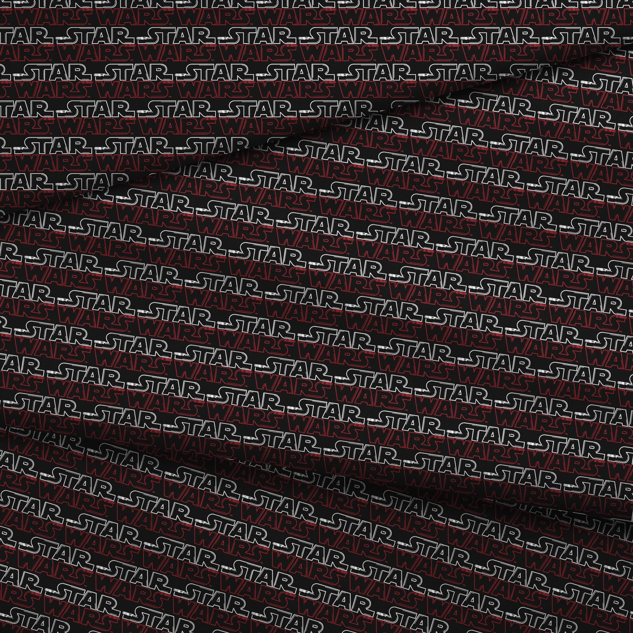 Star Wars logo pattern with white "STAR" and red "WARS" text repeating on black background fabric fold mockup