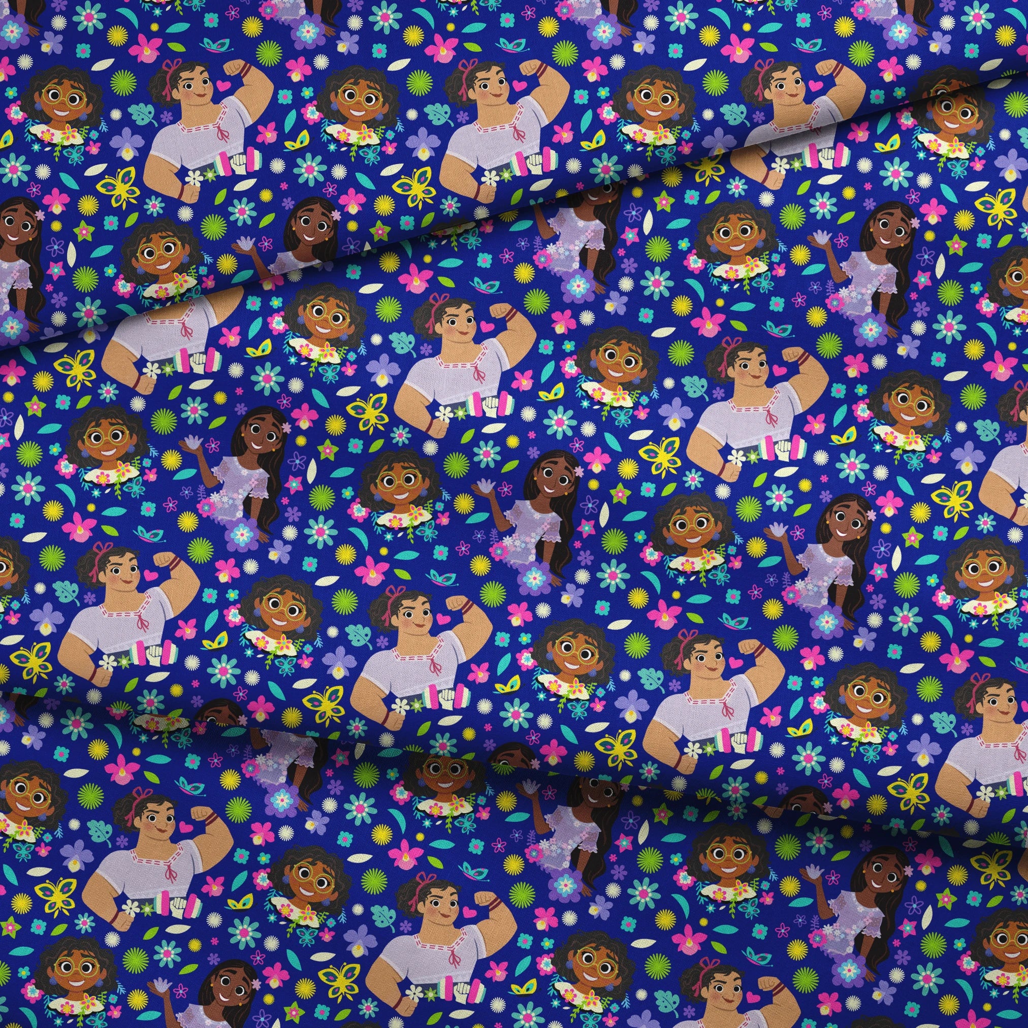 Colorful cartoon characters surrounded by bright flowers on vibrant blue background fabric fold mockup