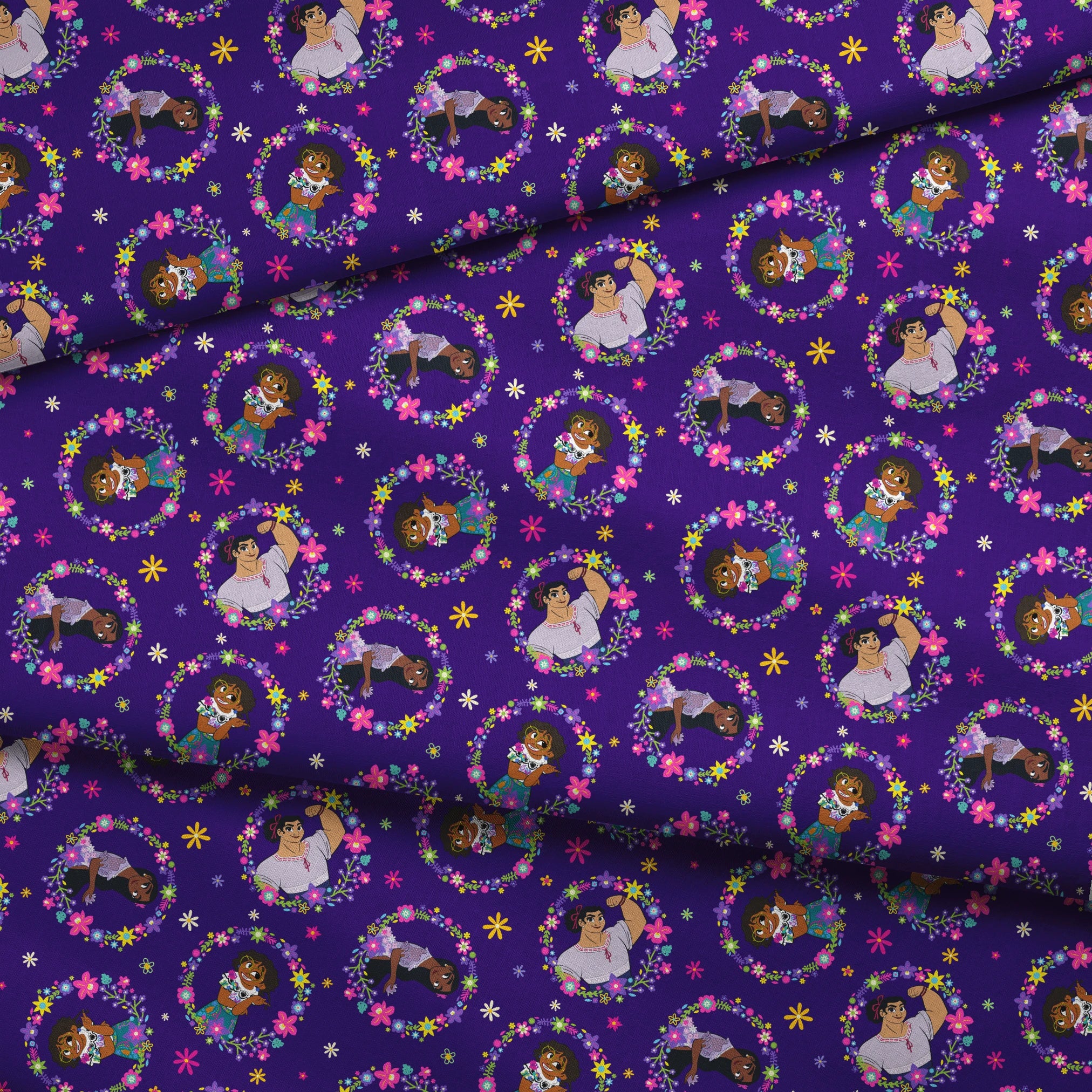 Colorful cartoon characters in floral wreaths pattern on deep purple background with stars fabric fold mockup