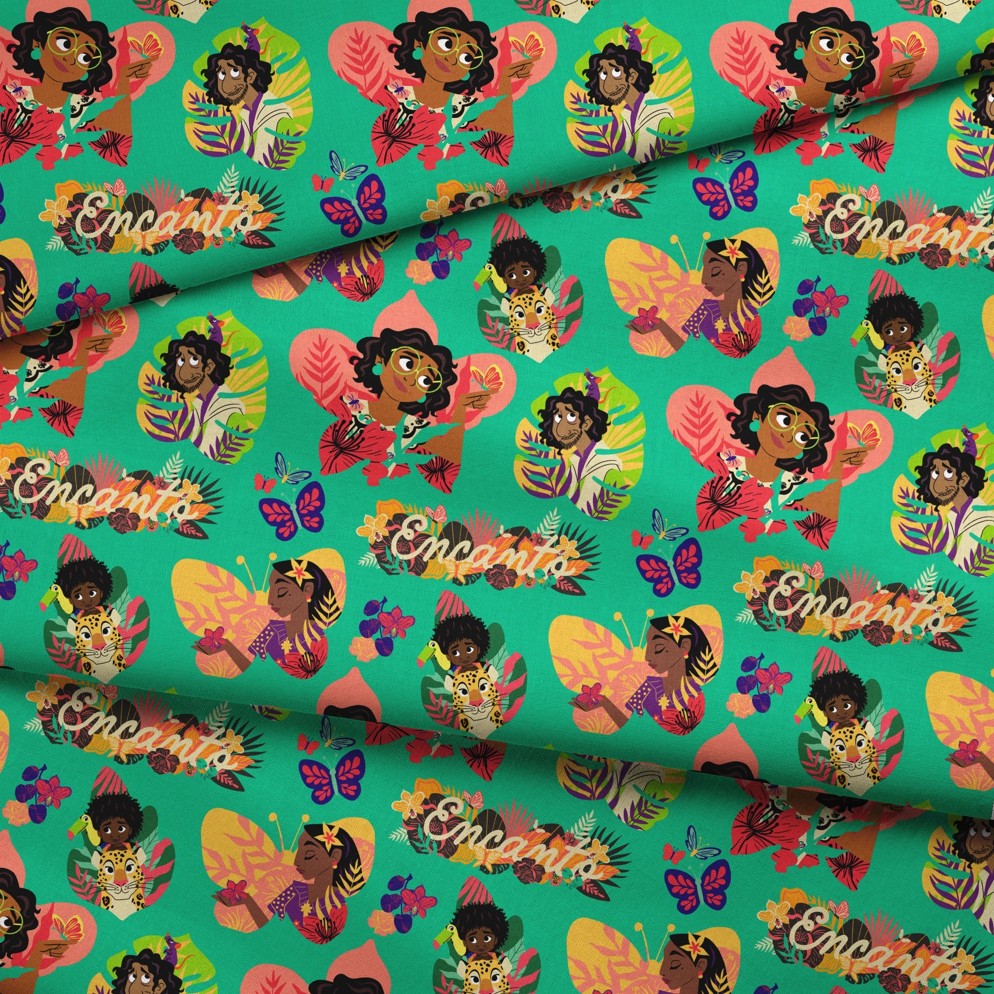 Colorful illustration with characters, butterflies, and tropical leaves on turquoise background with "Encanto" text fabric fold mockup