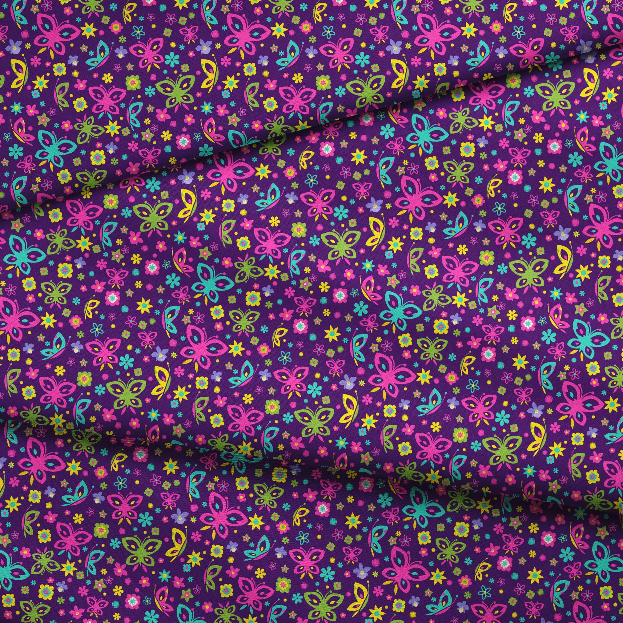 Colorful butterfly and flower pattern on purple background with pink, blue, green, and yellow designs fabric fold mockup