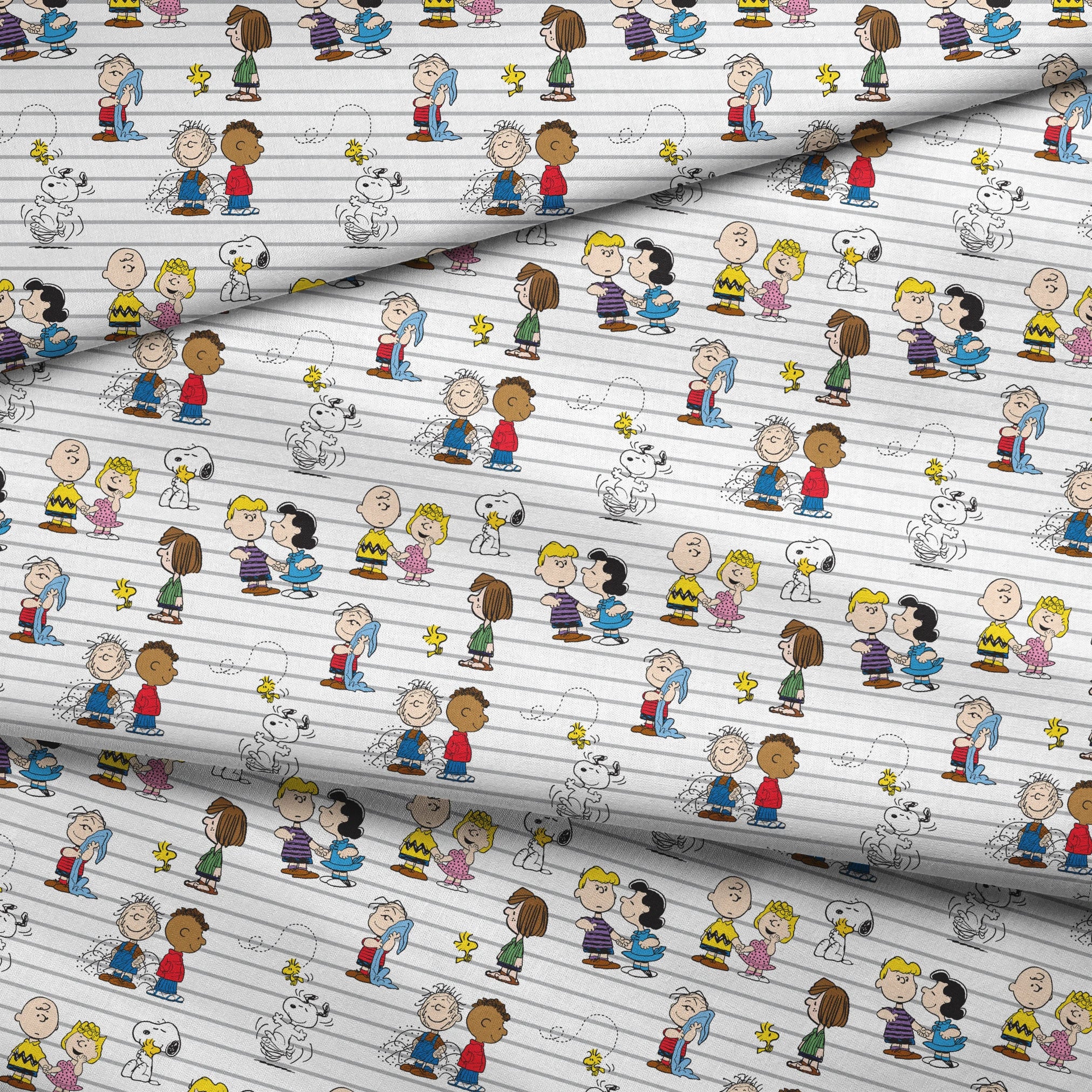 Peanuts cartoon characters on striped background, including Snoopy, Woodstock, and friends with their signature traits and poses. fabric fold mockup