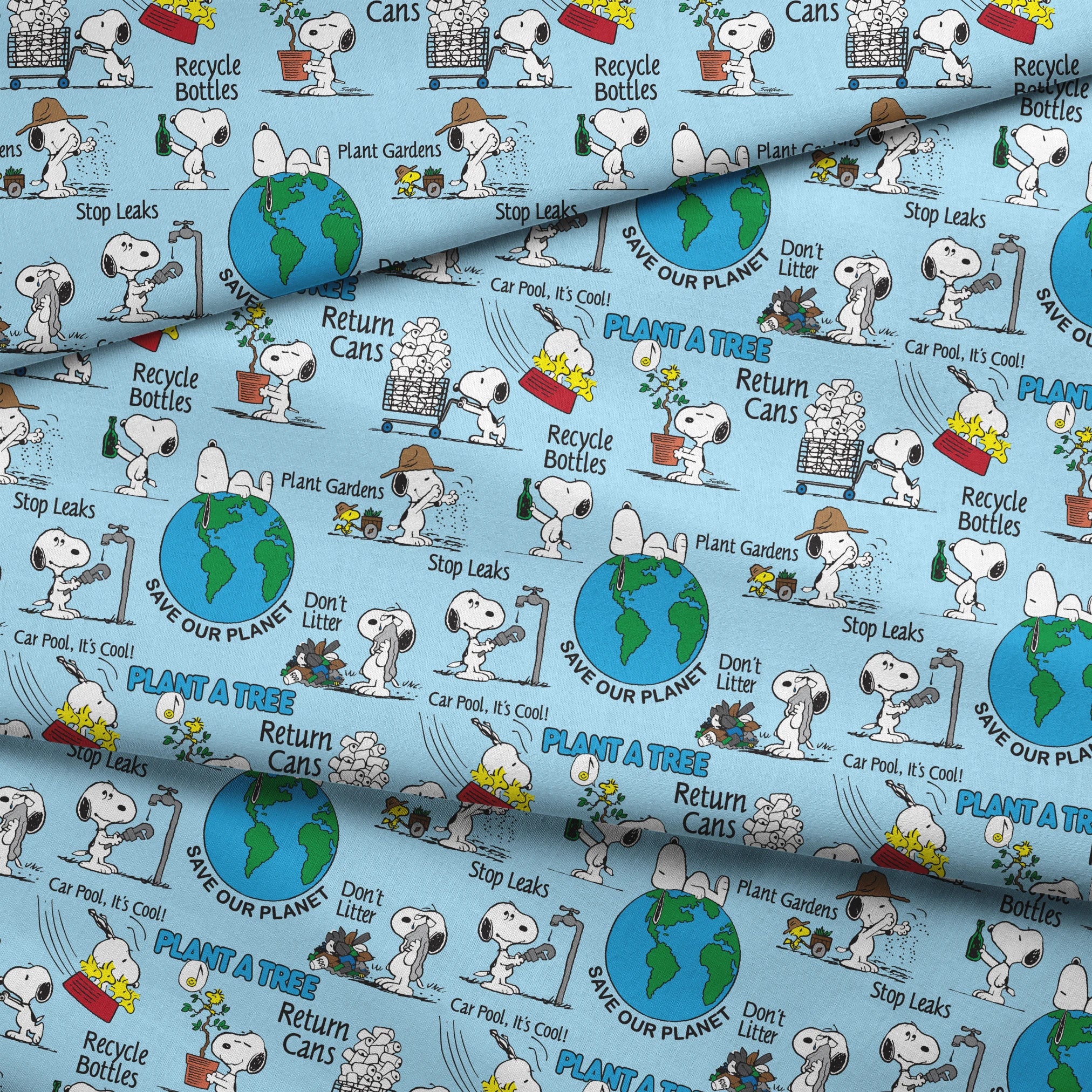 Snoopy cartoon dog in environmental scenes with Earth graphic and eco-friendly messages like "Plant a Tree" and "Recycle fabric fold mockup