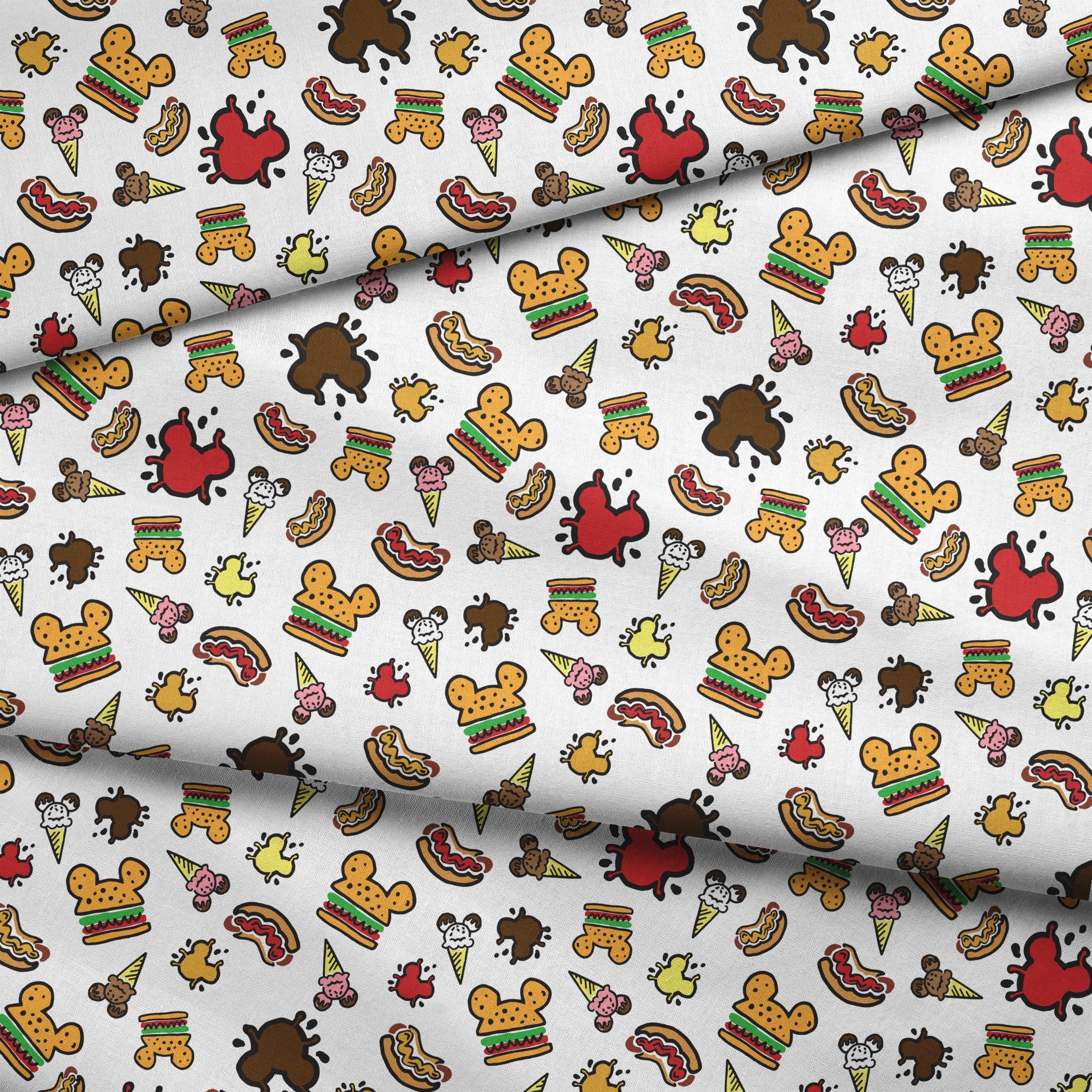 Colorful Disney theme park food icons including Mickey-shaped burgers, ice cream cones, hot dogs and apples on white background fabric fold mockup