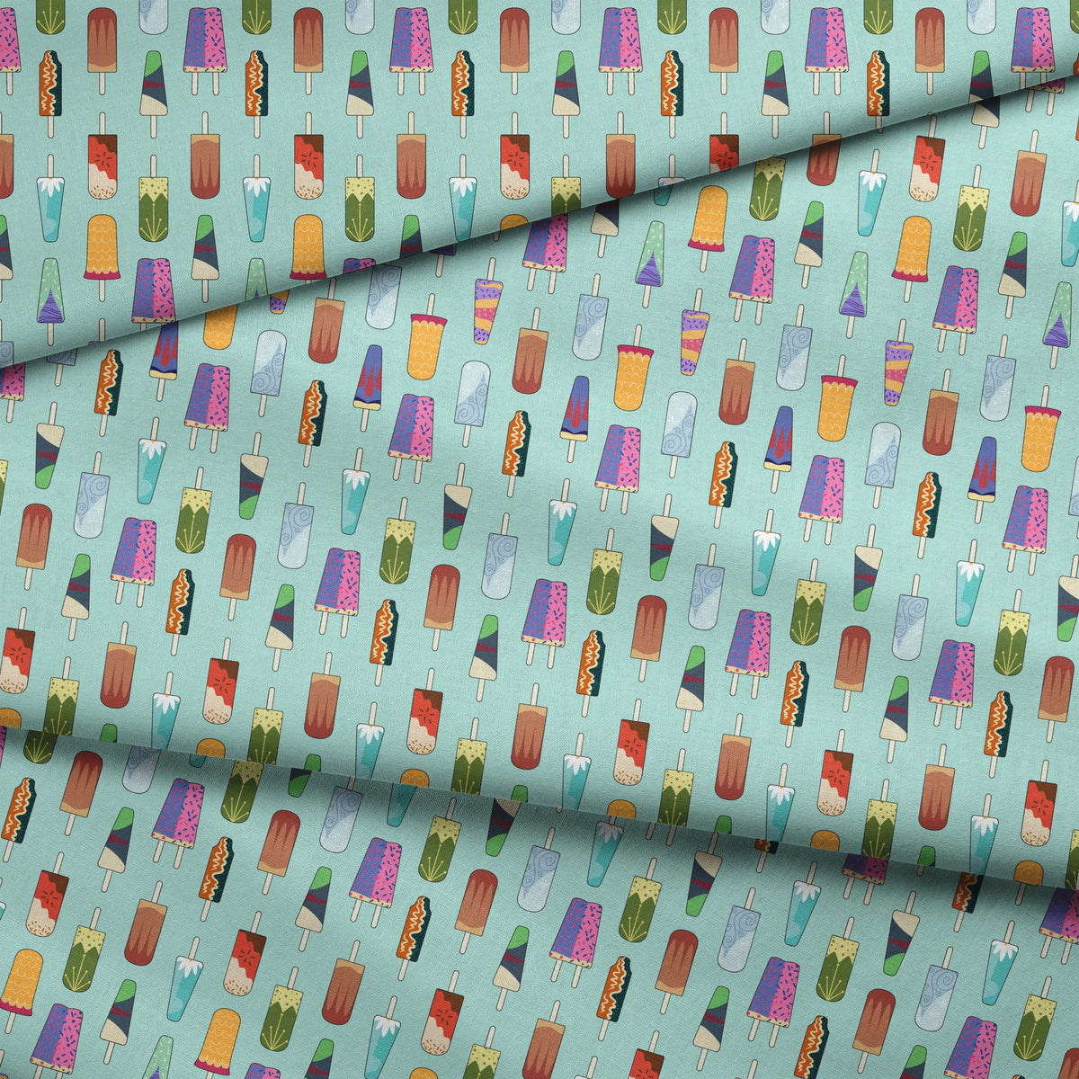 Disney Princess popsicle pattern on light teal background with various ice cream designs and styles fabric fold mockup