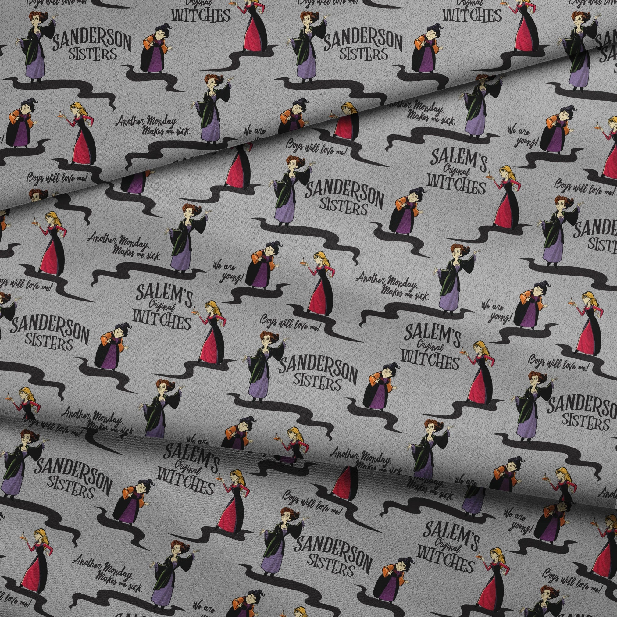 Sanderson Sisters pattern from Hocus Pocus with cartoon witches in purple and red dresses on gray background fabric fold mockup