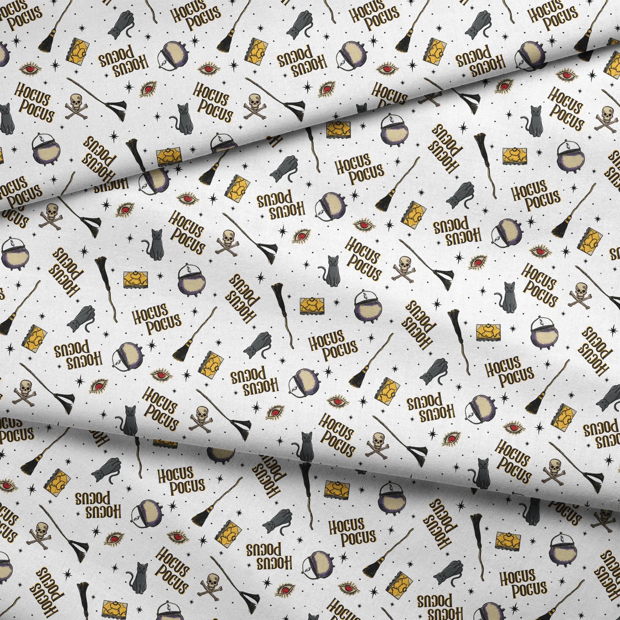 Repeating pattern of witchcraft items with "Hocus Pocus" text, cauldrons, brooms, and mystical symbols on white background fabric fold mockup