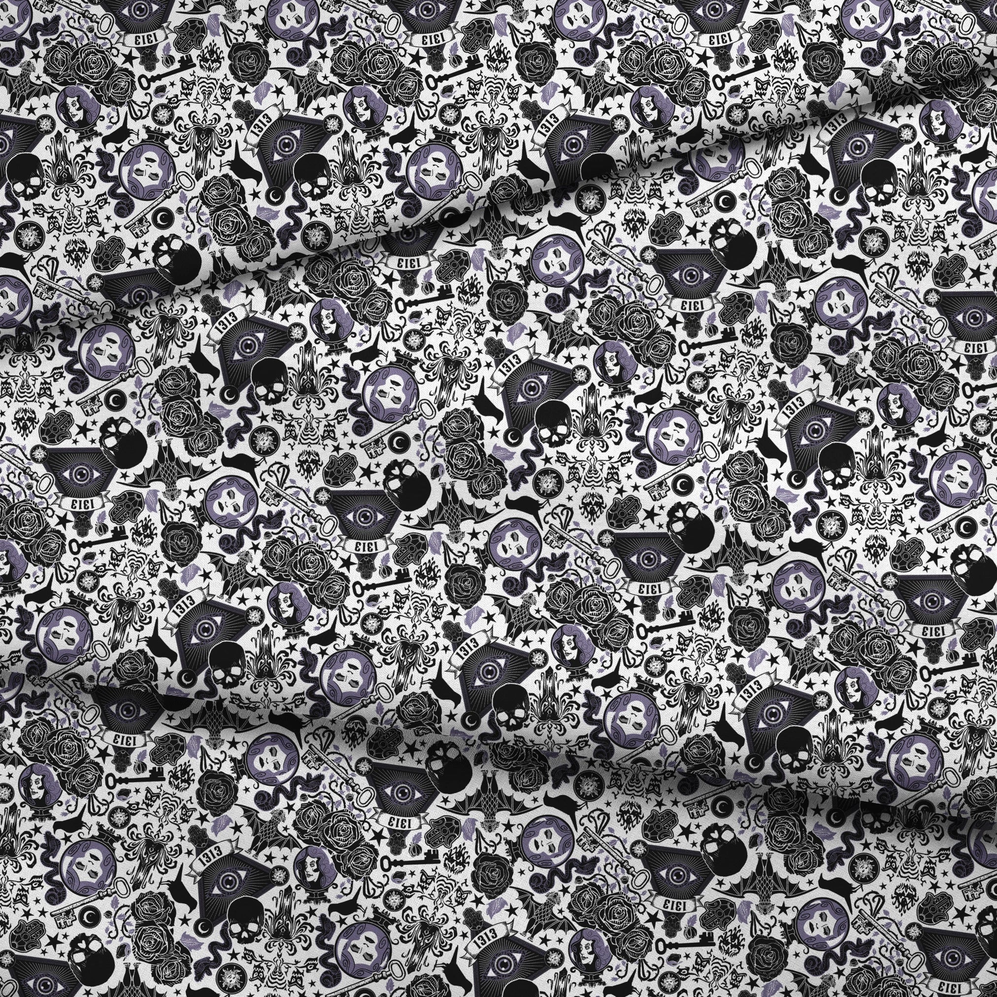 Gothic-inspired pattern with roses, medallions, ravens, and Victorian motifs in black and purple fabric fold mockup