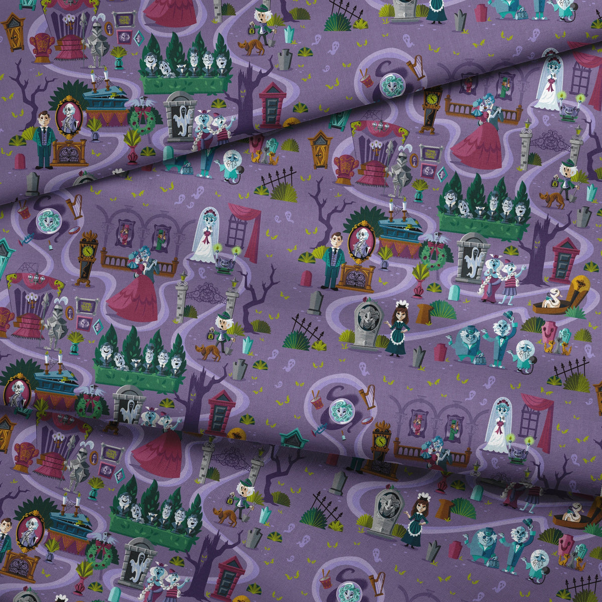 Colorful cartoon map of a spooky Halloween town with purple paths, ghosts, skeletons, and haunted houses. fabric fold mockup