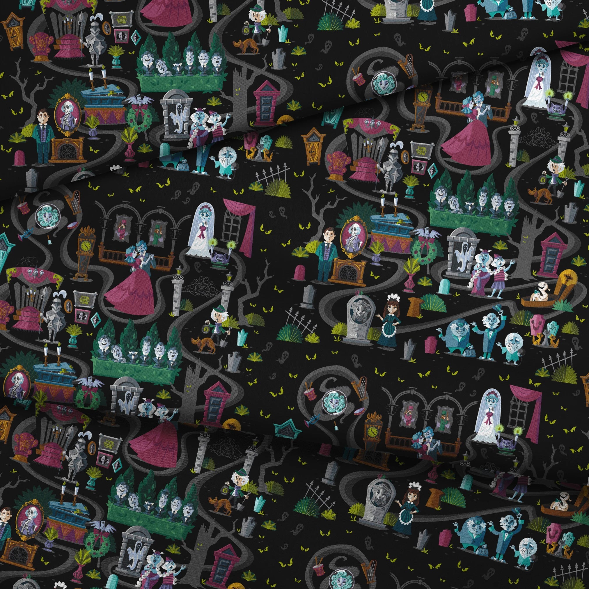 Dark background collage of colorful haunted house elements with ghosts, skeletons, potion bottles, and spooky characters in a whimsical pattern fabric fold mockup