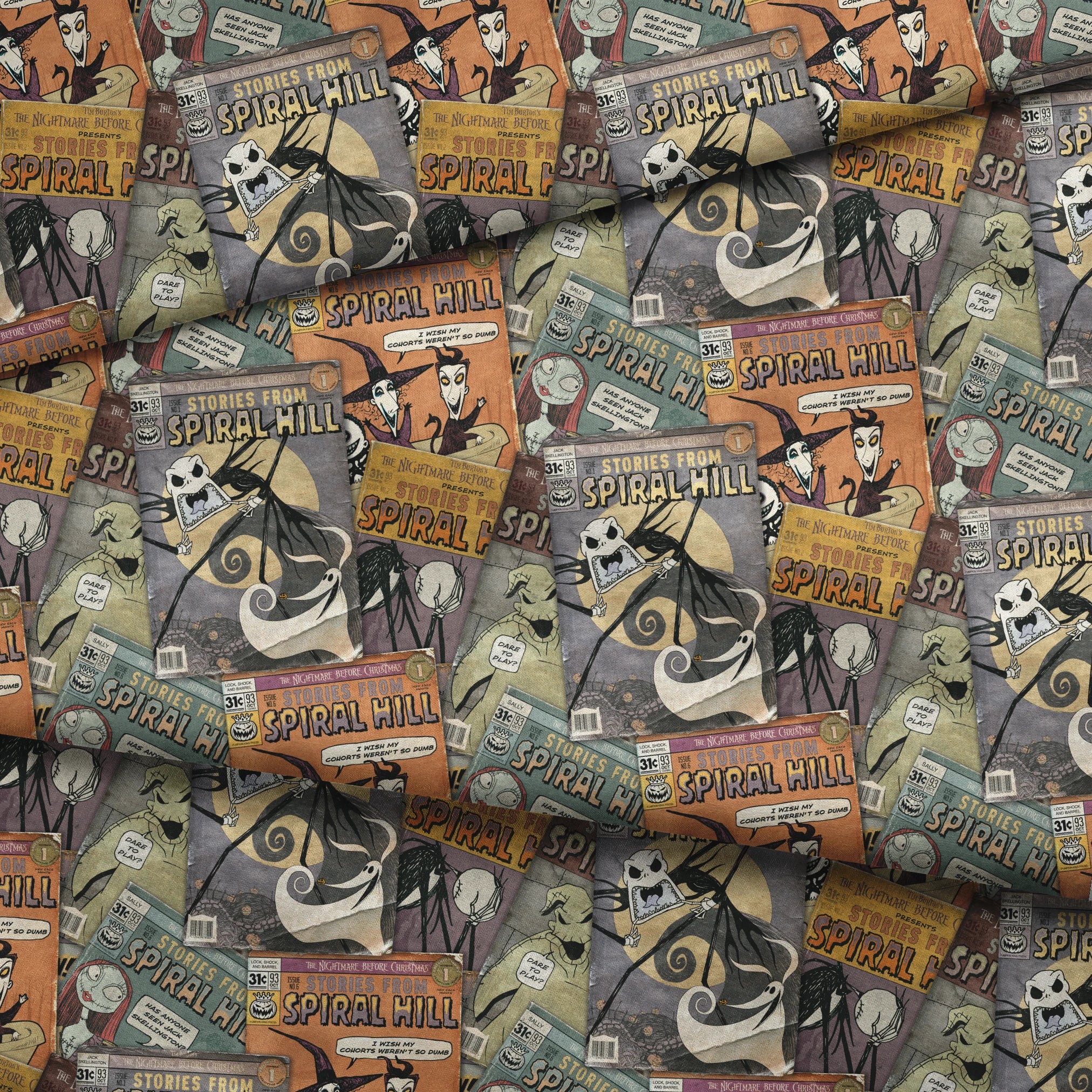 Vintage-style comic books featuring "Stories from Spiral Hill" with spooky skeletal characters on orange and gray covers fabric fold mockup