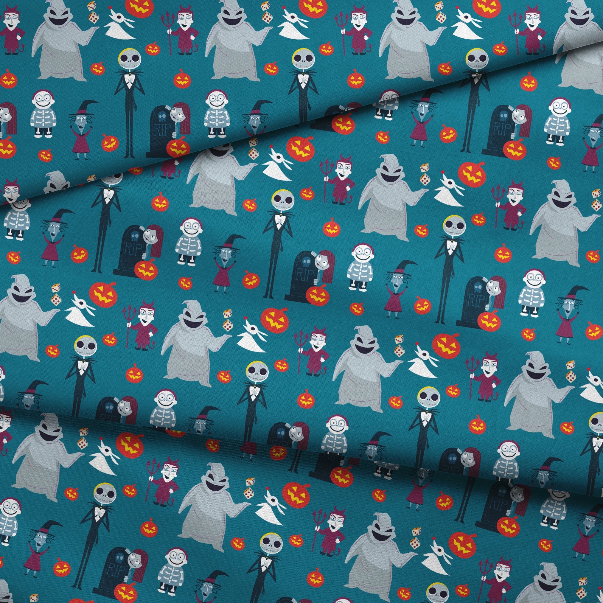Halloween characters pattern with ghost, skeleton, witch, and pumpkins on teal background in cartoon style fabric fold mockup