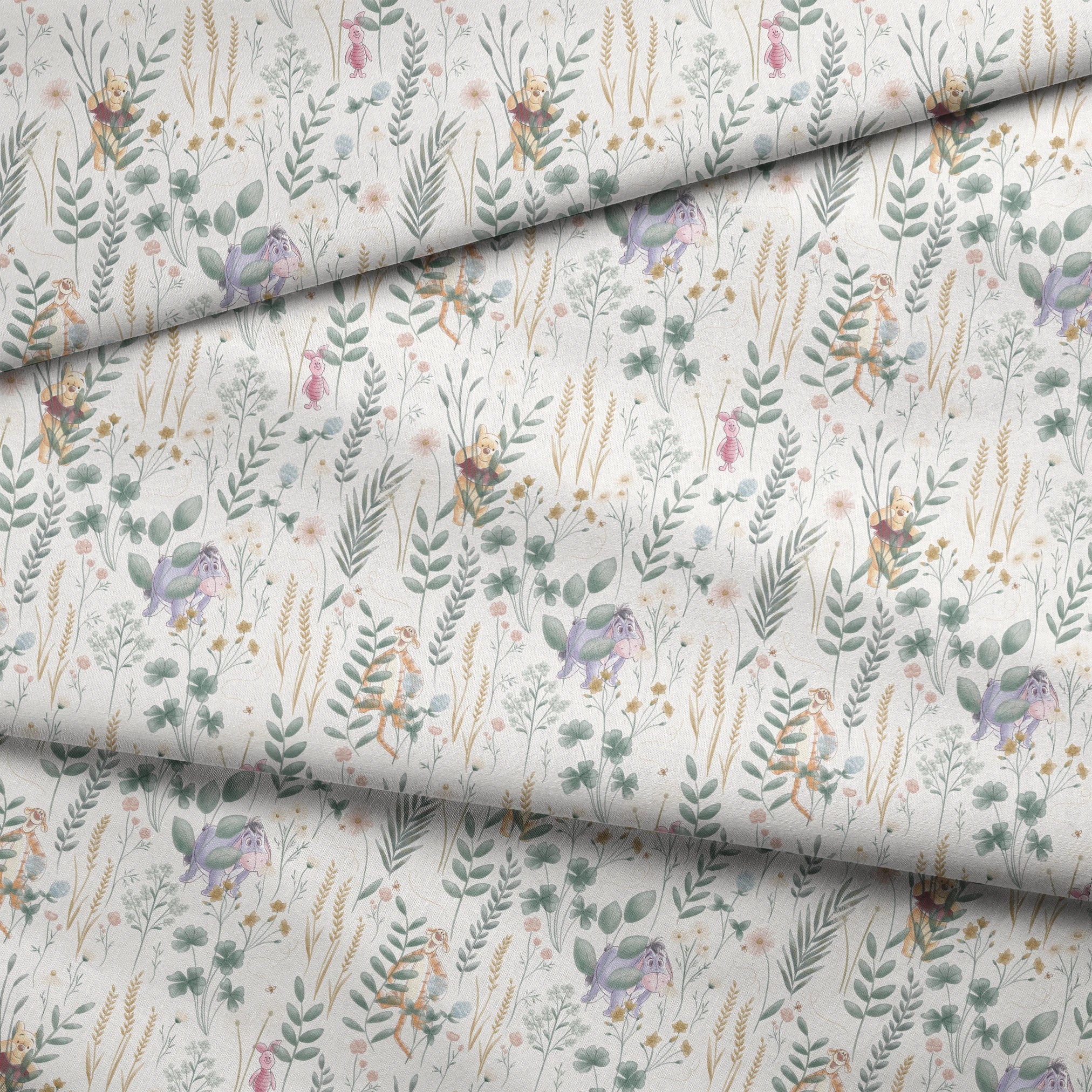 Whimsical botanical pattern with colorful teddy bears and creatures among green plants and flowers fabric fold mockup