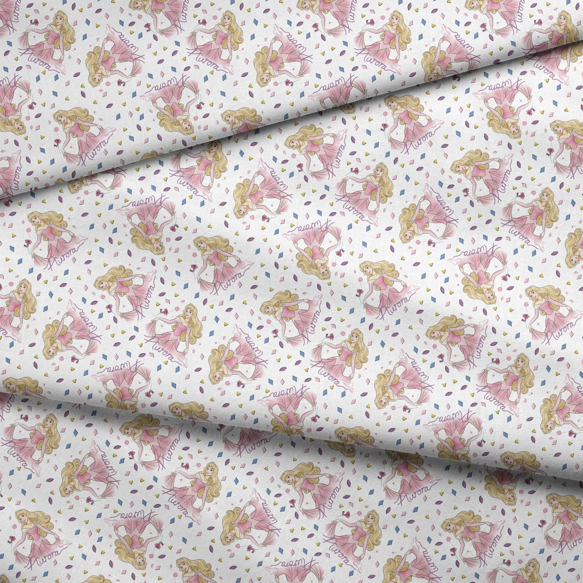 Pattern of Sleeping Beauty, surrounded by colorful diamond shapes on white background fabric fold mockup