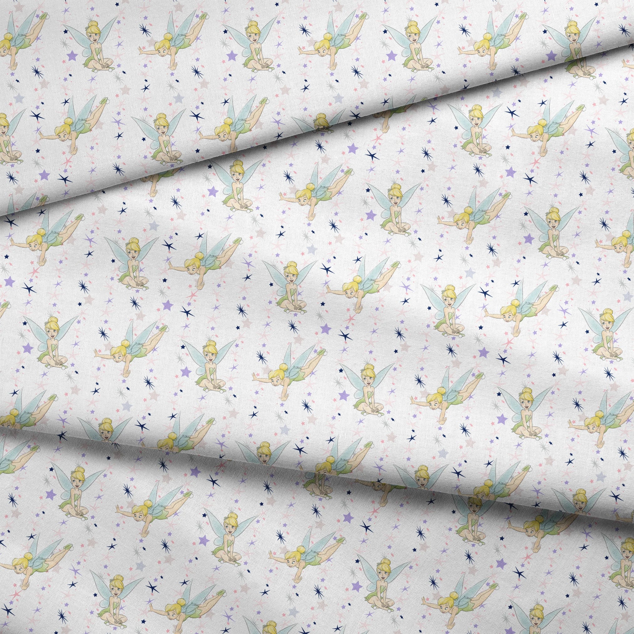 Whimsical Tinker Bell in green dresses surrounded by stars fabric fold mockup