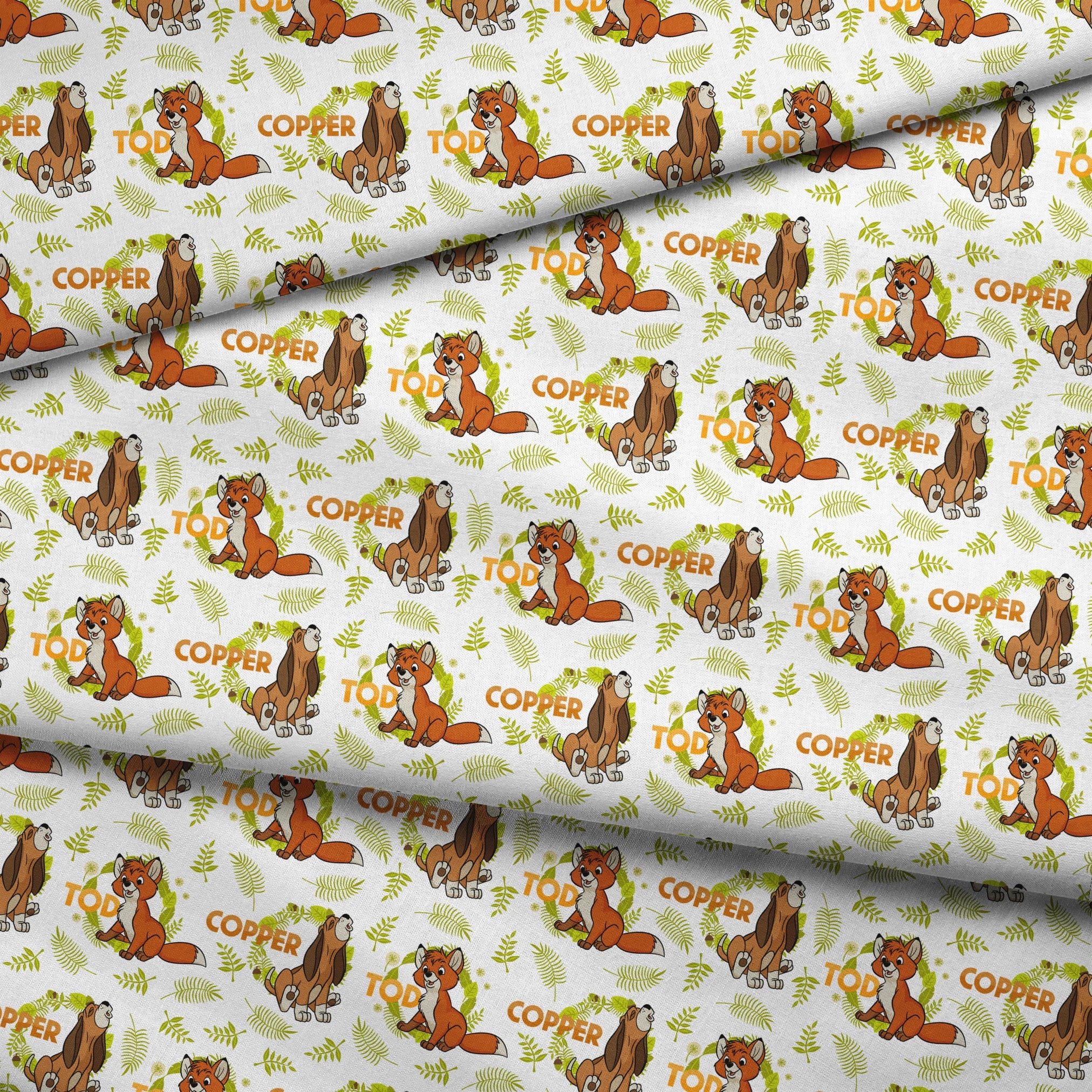 Fox and the Hound pattern with name "COPPER" and green fern background design fabric fold mockup