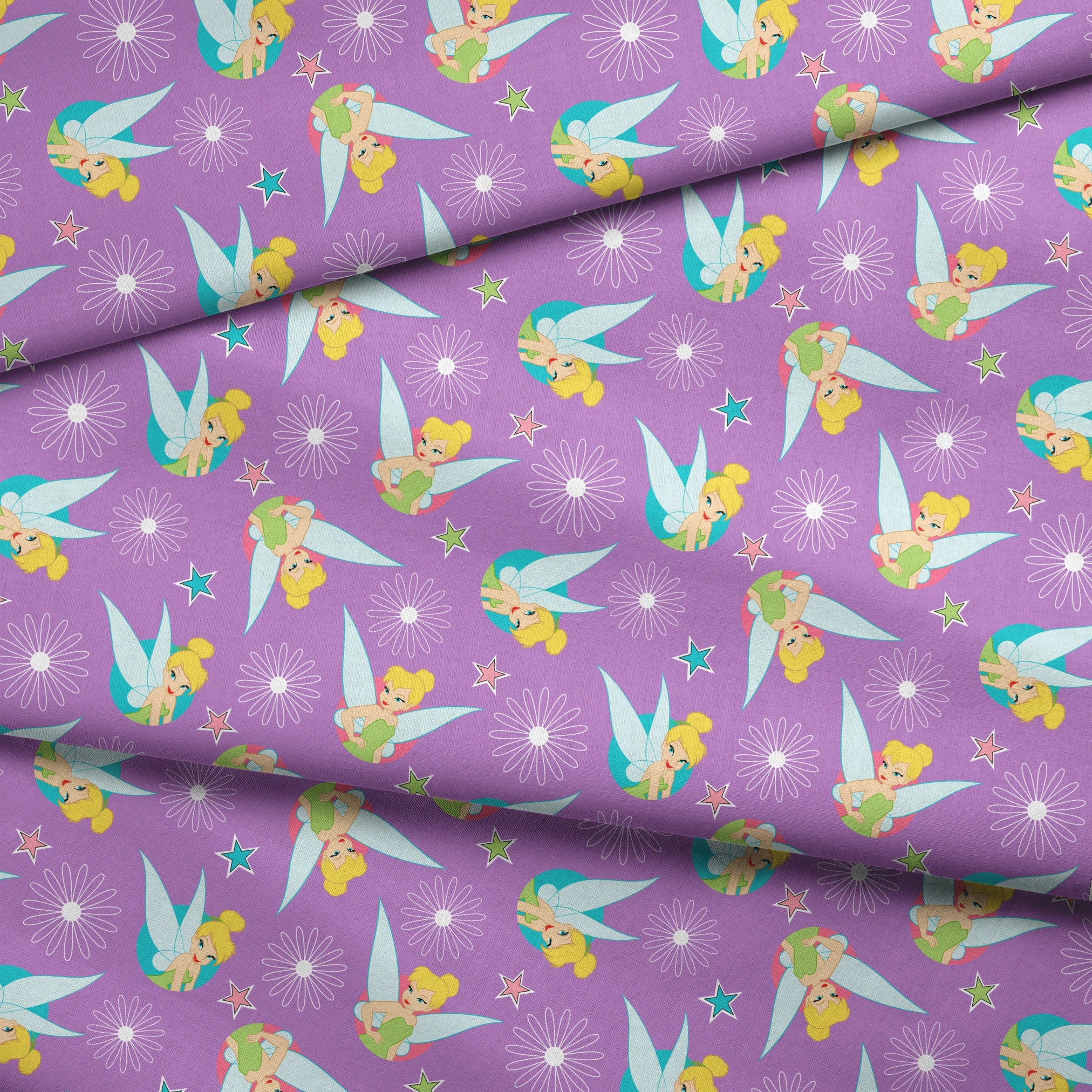 Tinker Bell on a purple background with white daisy flowers and colorful stars. fabric fold mockup