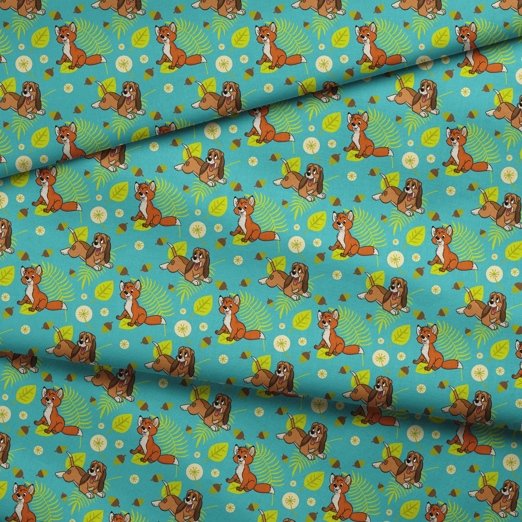 The Fox and the Hound characters on turquoise background with yellow leaves and acorns fabric fold mockup