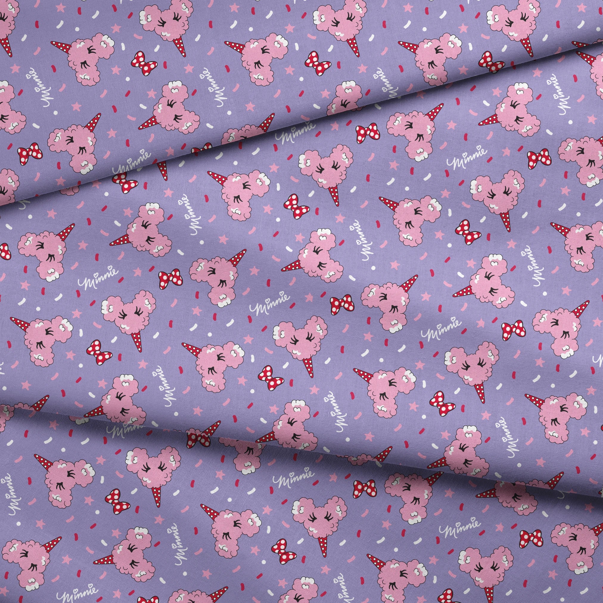 Pink Disney-inspired cotton candy and bows on purple background with confetti and stars fabric fold mockup