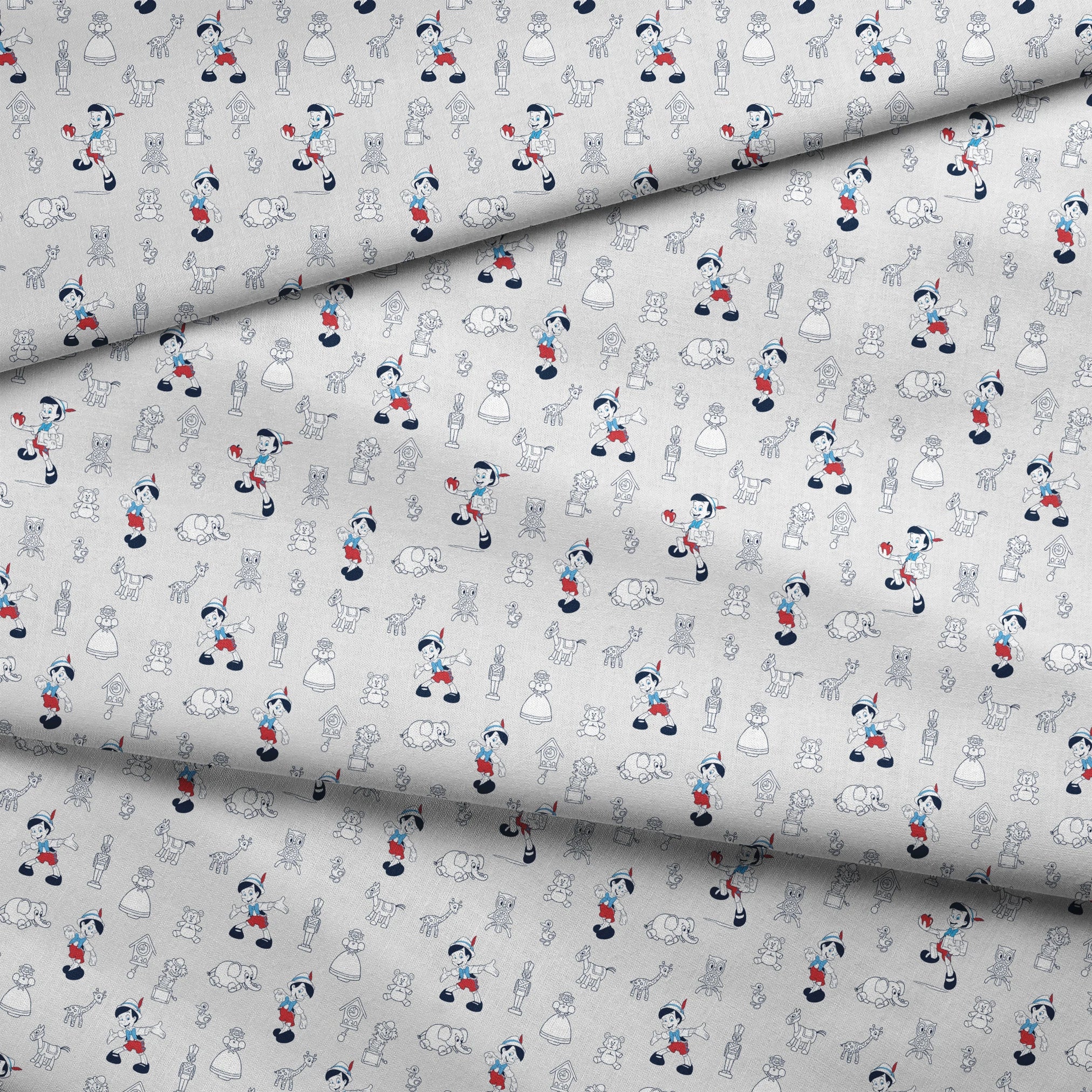 Pattern of vintage cartoon characters including Pinocchio and assorted animals on a light background with red and blue accents fabric fold mockup