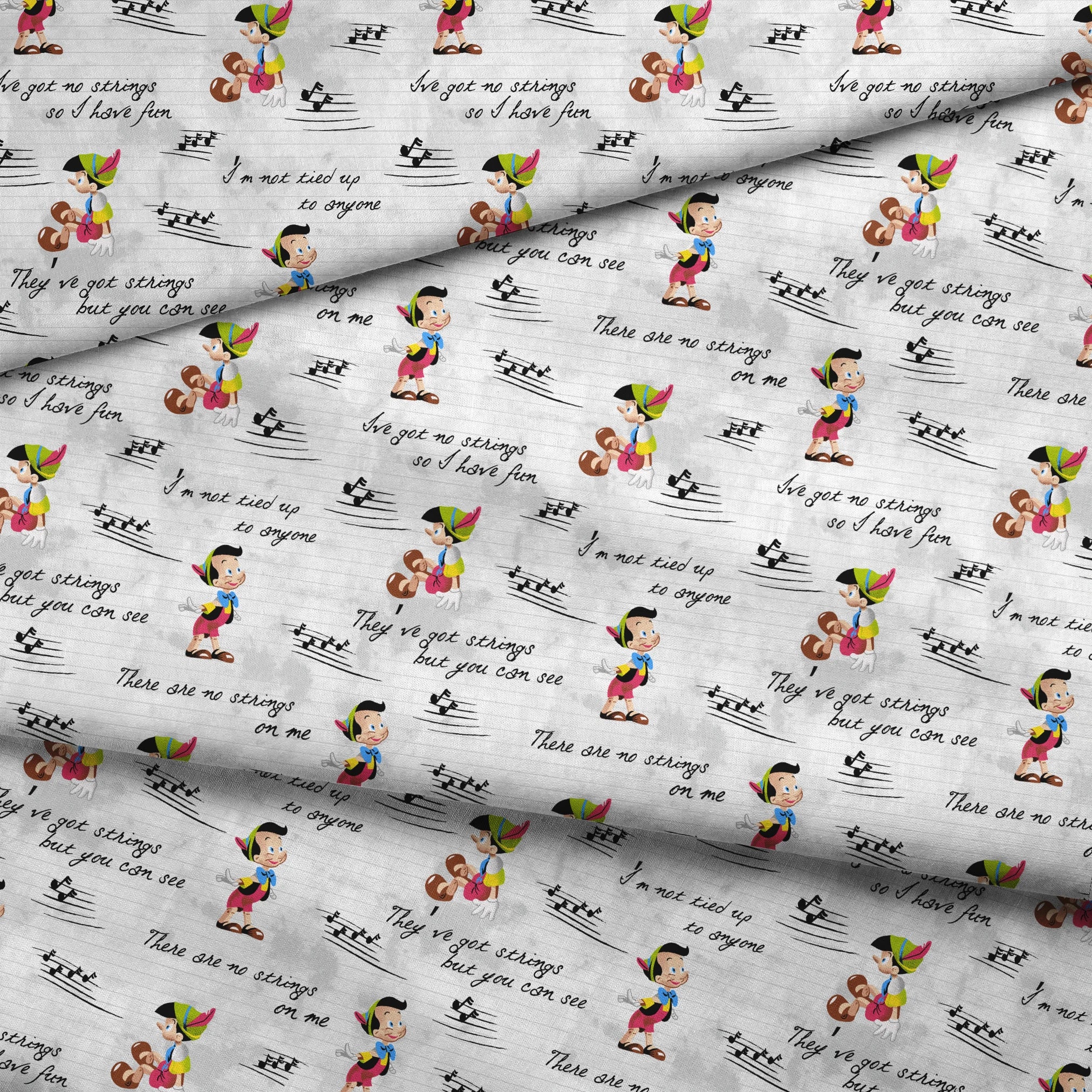 Cartoon characters on a light gray background with musical notes and phrases about strings fabric fold mockup