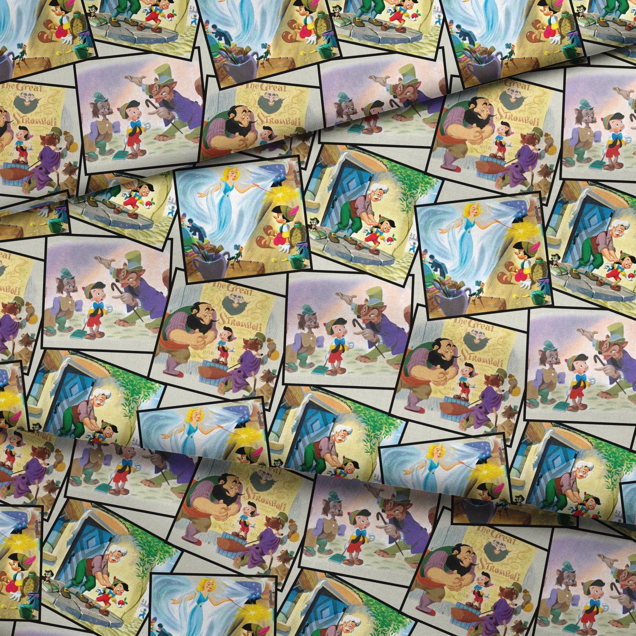 Colorful collage of Pinocchio scenes showing the wooden puppet, Geppetto, and other characters from the classic fairy tale. fabric fold mockup