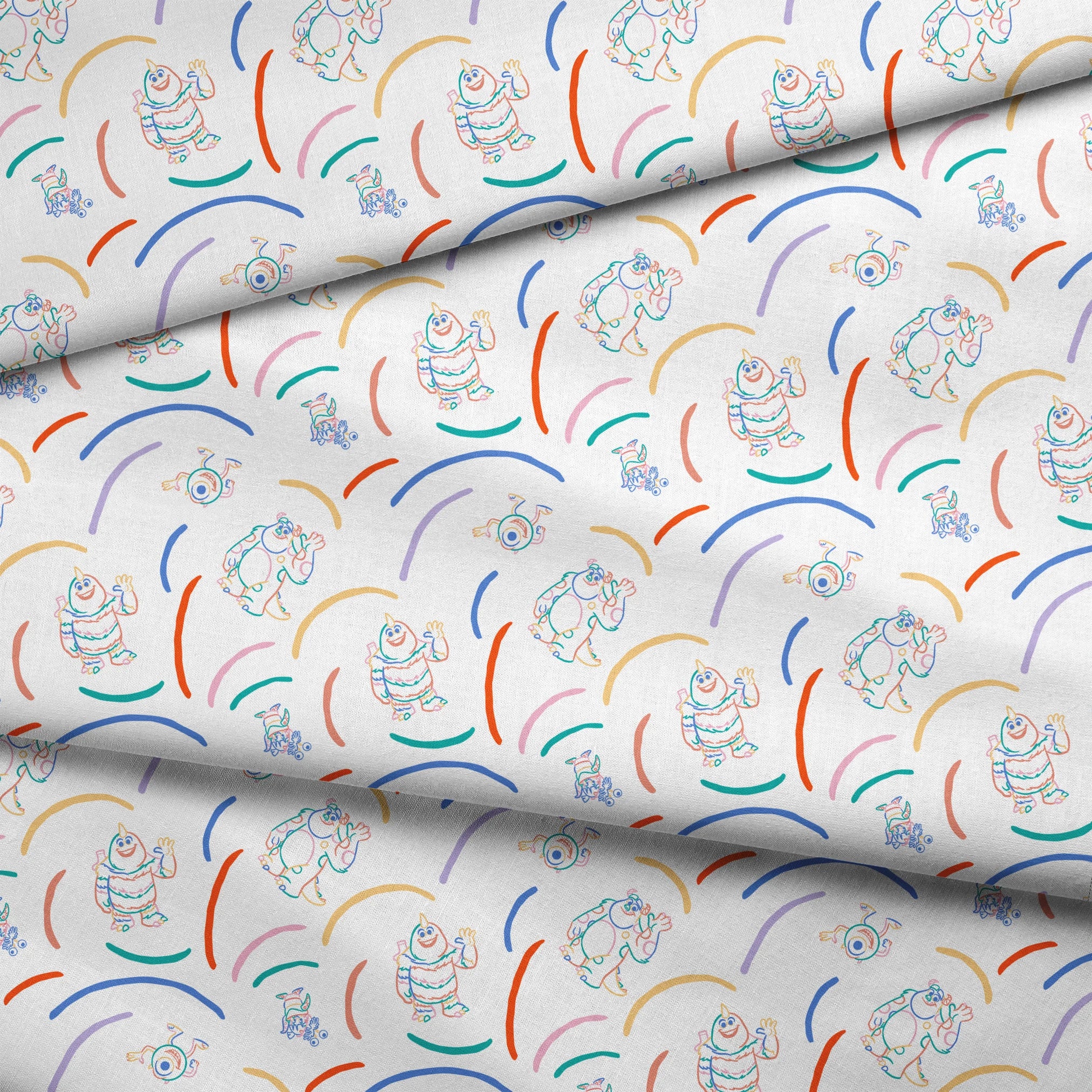 Colorful line drawing pattern with Monsters Inc characters  surrounded by curved arcs in rainbow colors fabric fold mockup