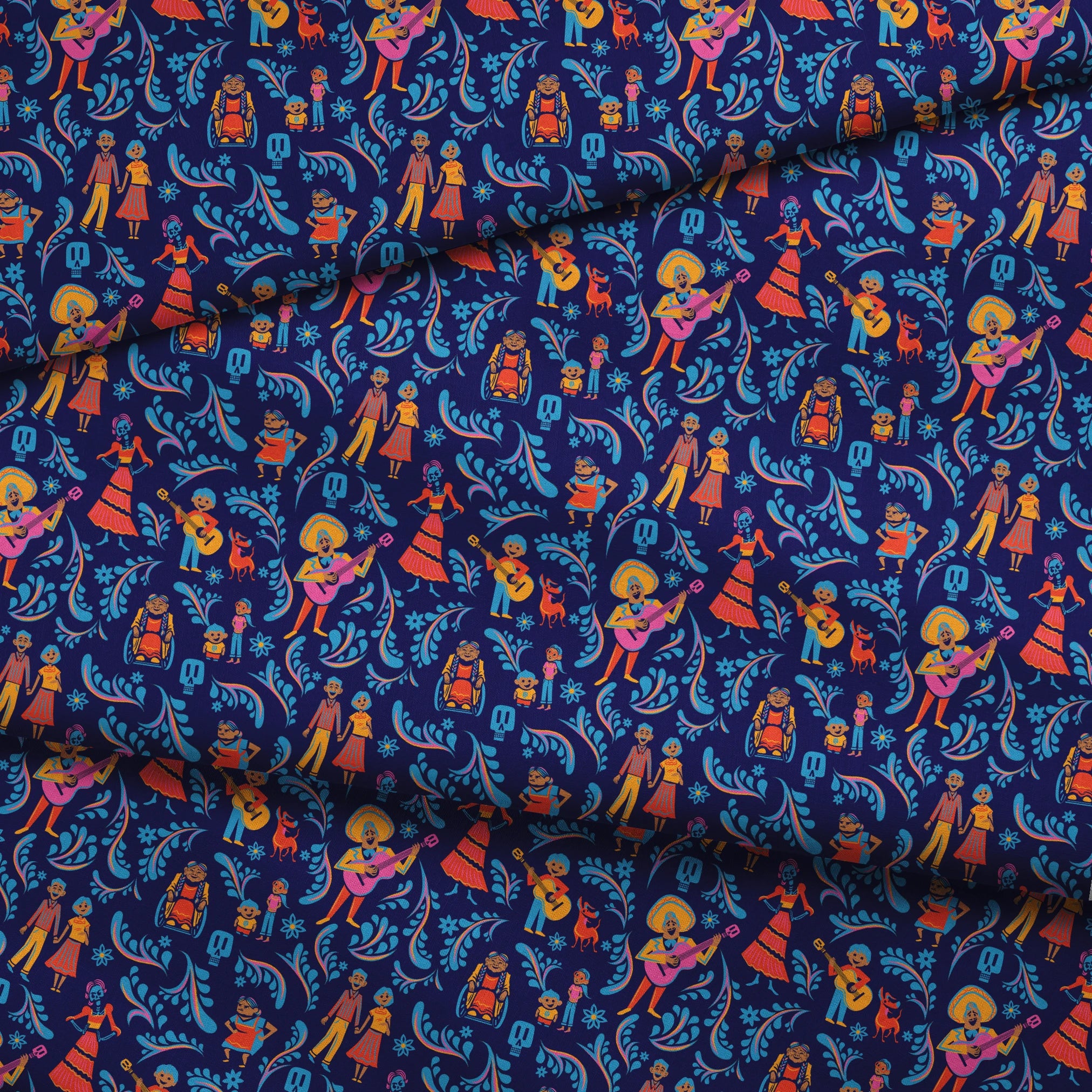 Colorful Coco folk art pattern with figures playing guitars, dancing, and blue skulls on dark background fabric fold mockup