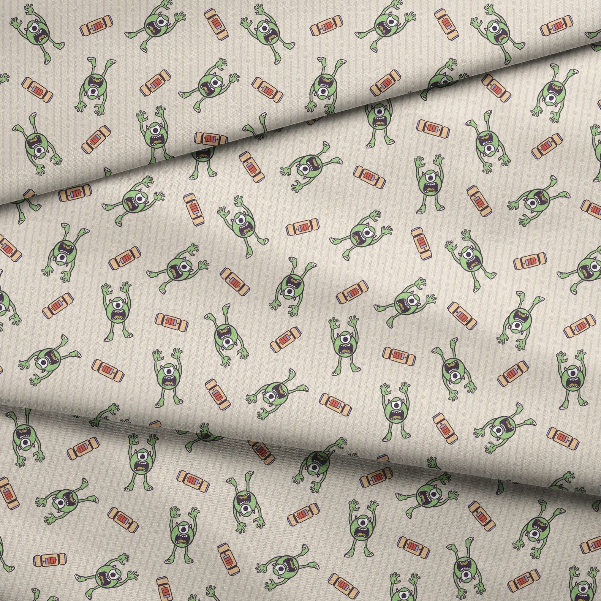 Cartoon Mike Wazowski pattern on light striped background fabric fold mockup