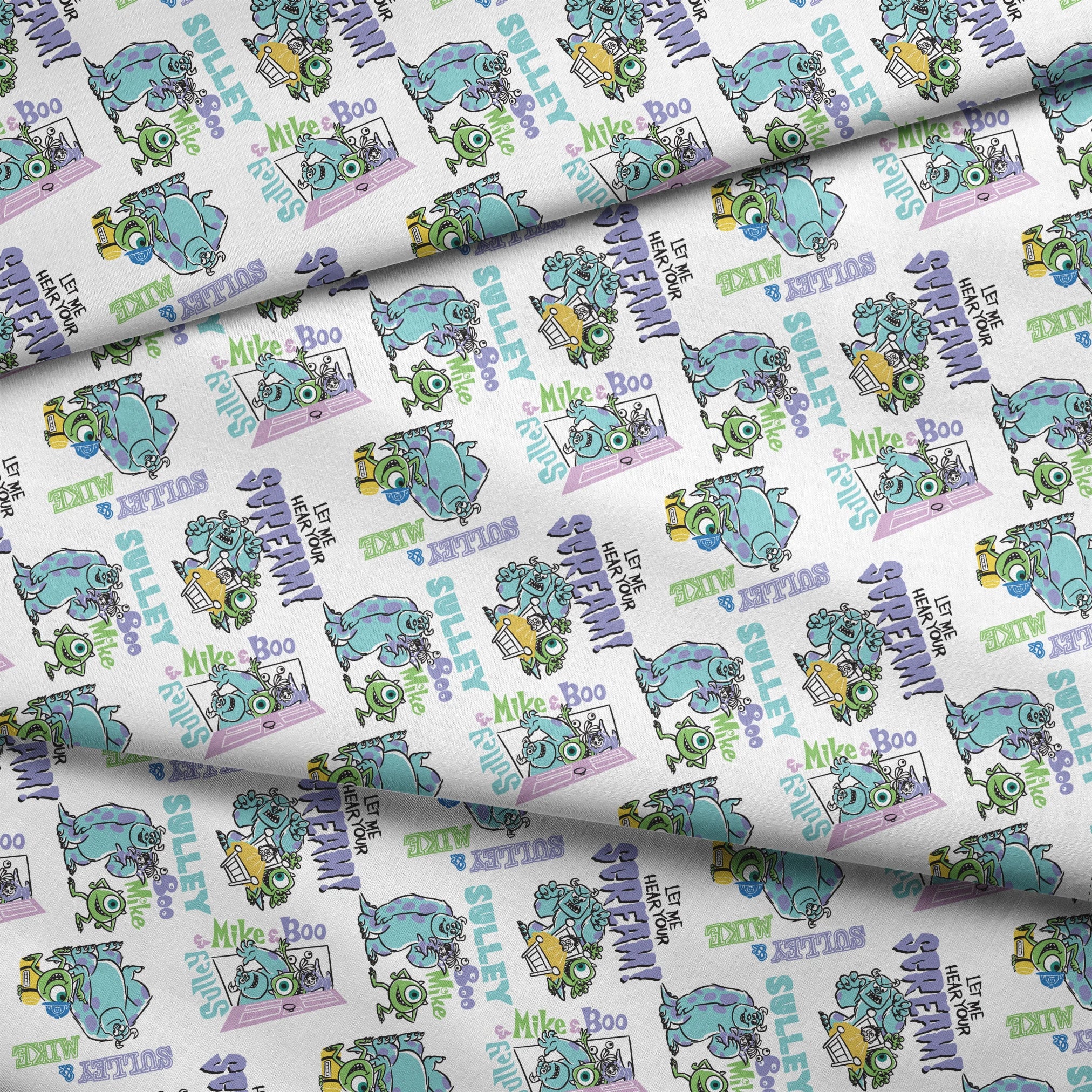 Monsters Inc pattern with Sulley and Mike characters in blue and green, with text like "Boo" and "Monsters" scattered throughout. fabric fold mockup