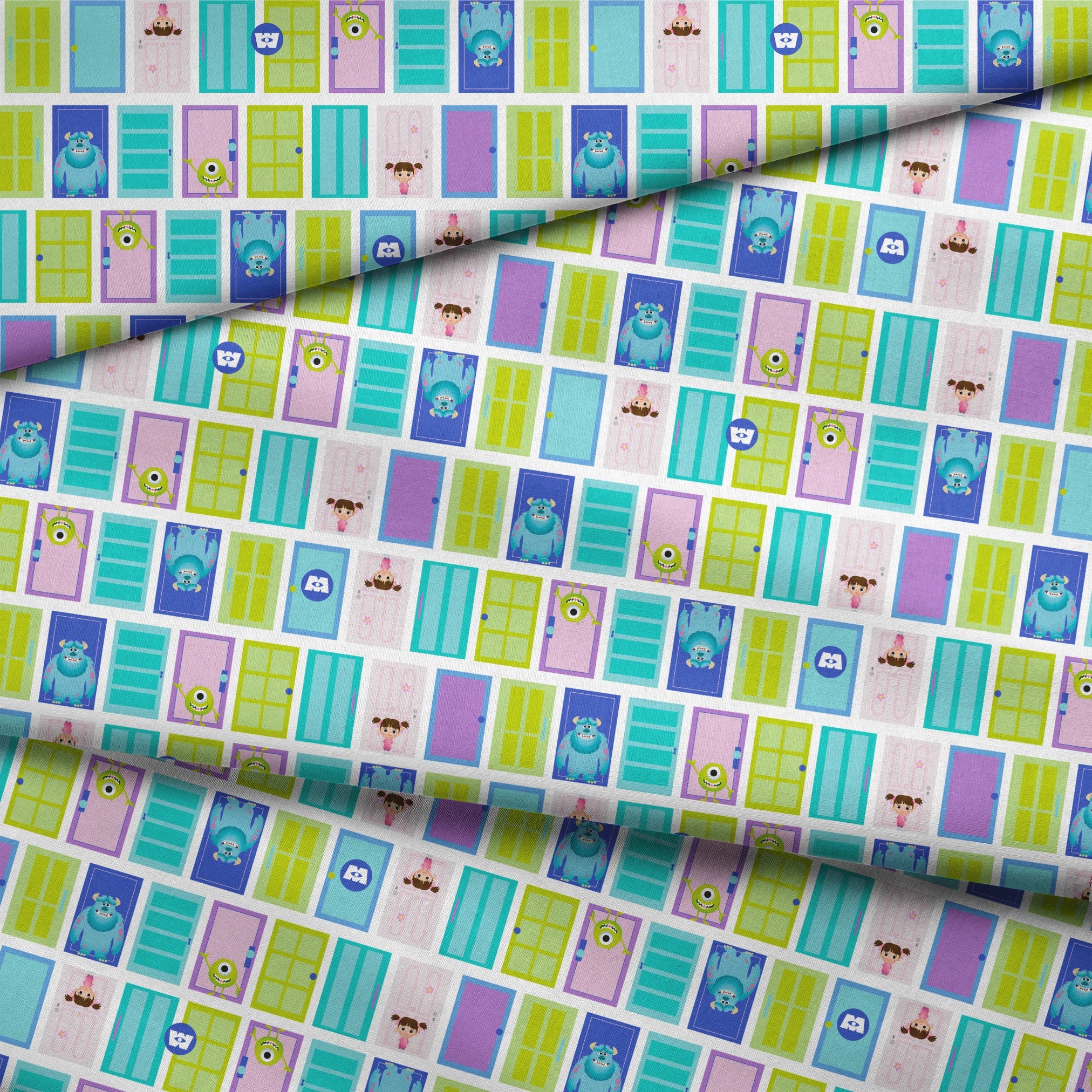 Colorful cartoon monster doors pattern inspired by Monsters Inc. with teal, purple, and green doors fabric fold mockup