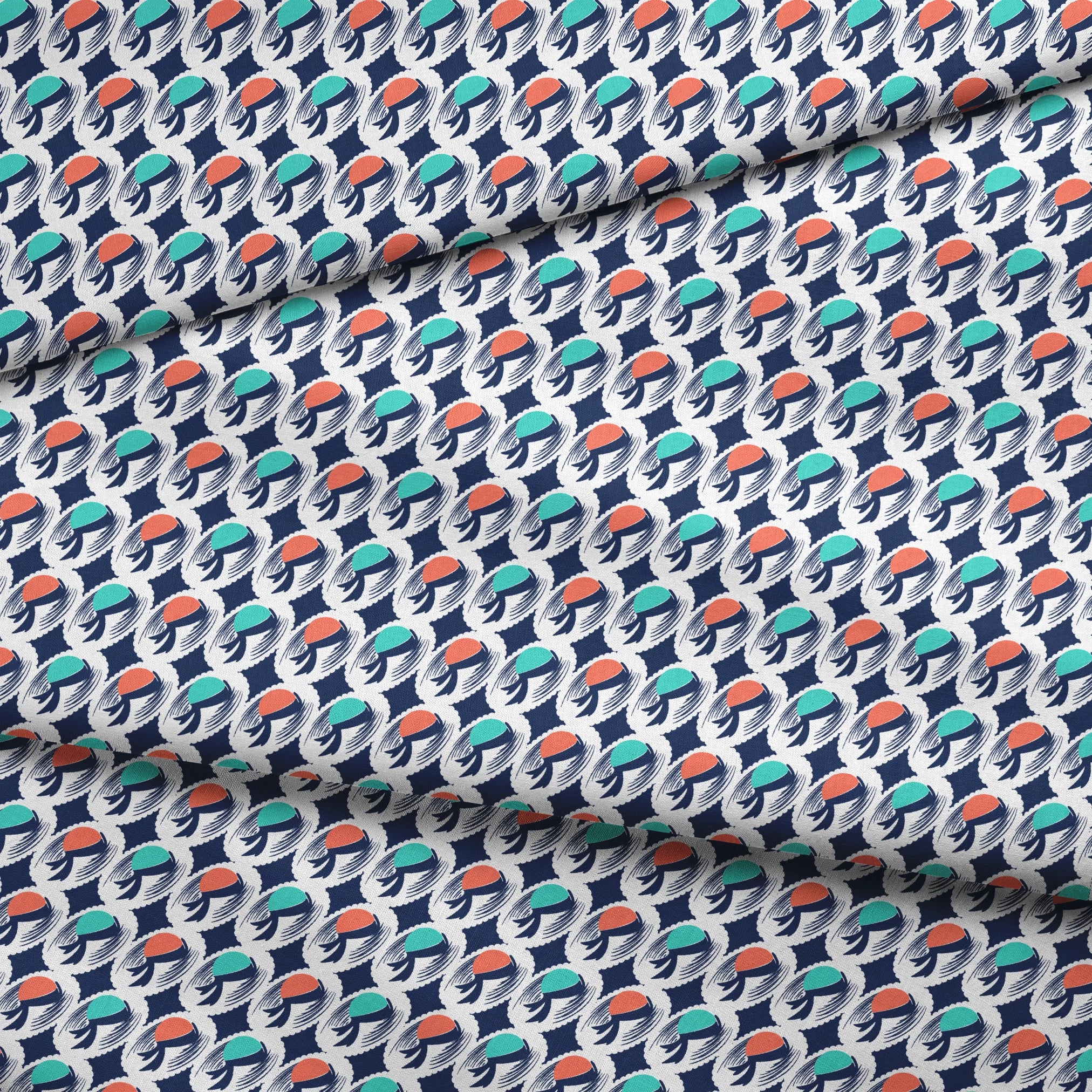 Abstract pattern with repeating mint green and coral circular shapes on navy background with white brushstroke details fabric fold mockup