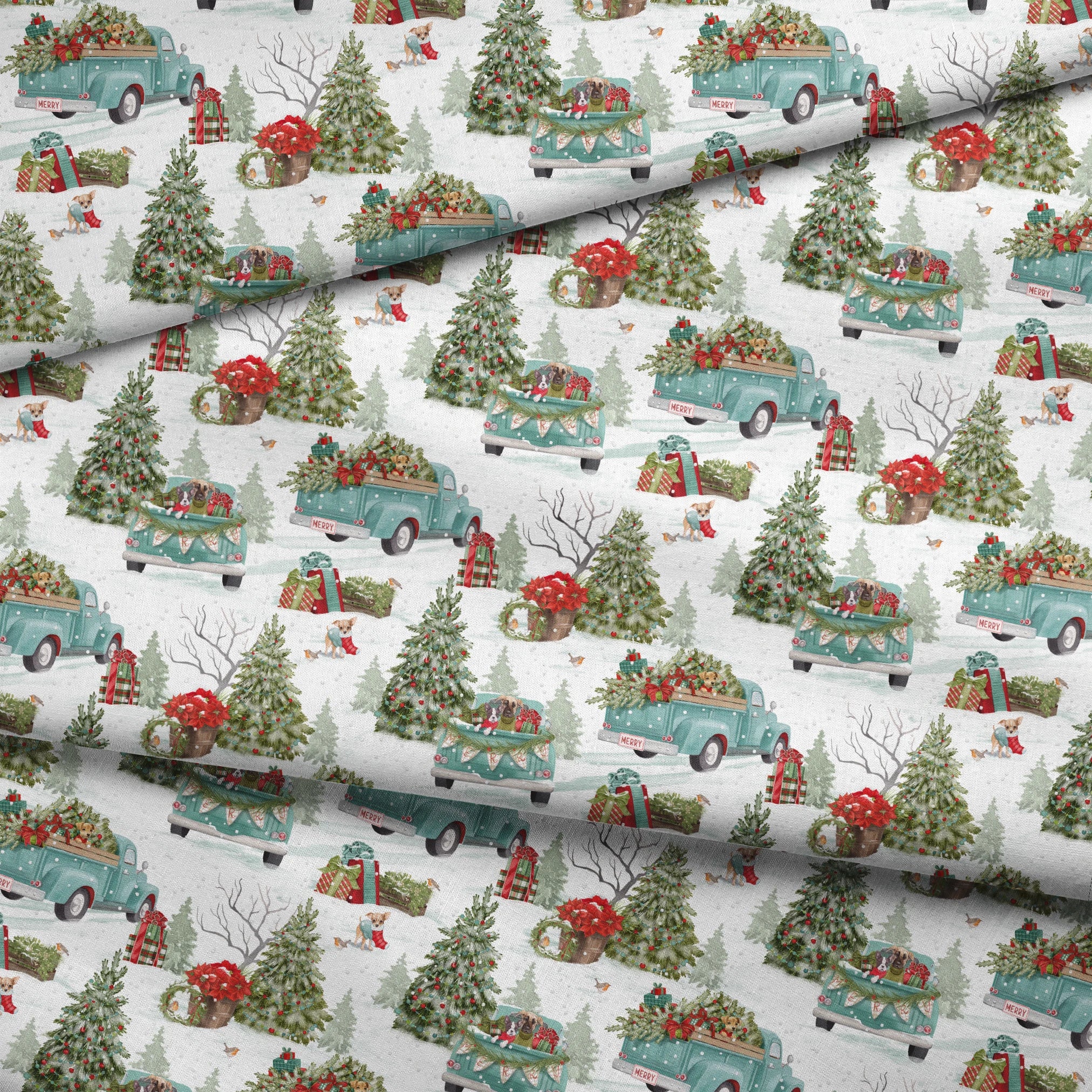 Vintage-style holiday fabric by Nicole Tamarin featuring teal trucks with Christmas trees, dogs, snow, and gifts in a festive winter landscape. fabric fold mockup