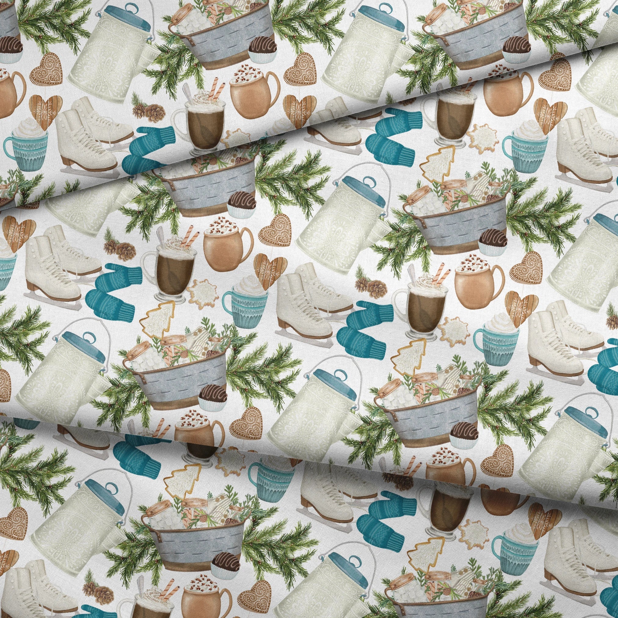 Winter-themed pattern featuring cocoa mugs, ice skates, mittens, pine branches, and holiday cookies in neutral and blue tones by Nicole Tamarin. fabric fold mockup