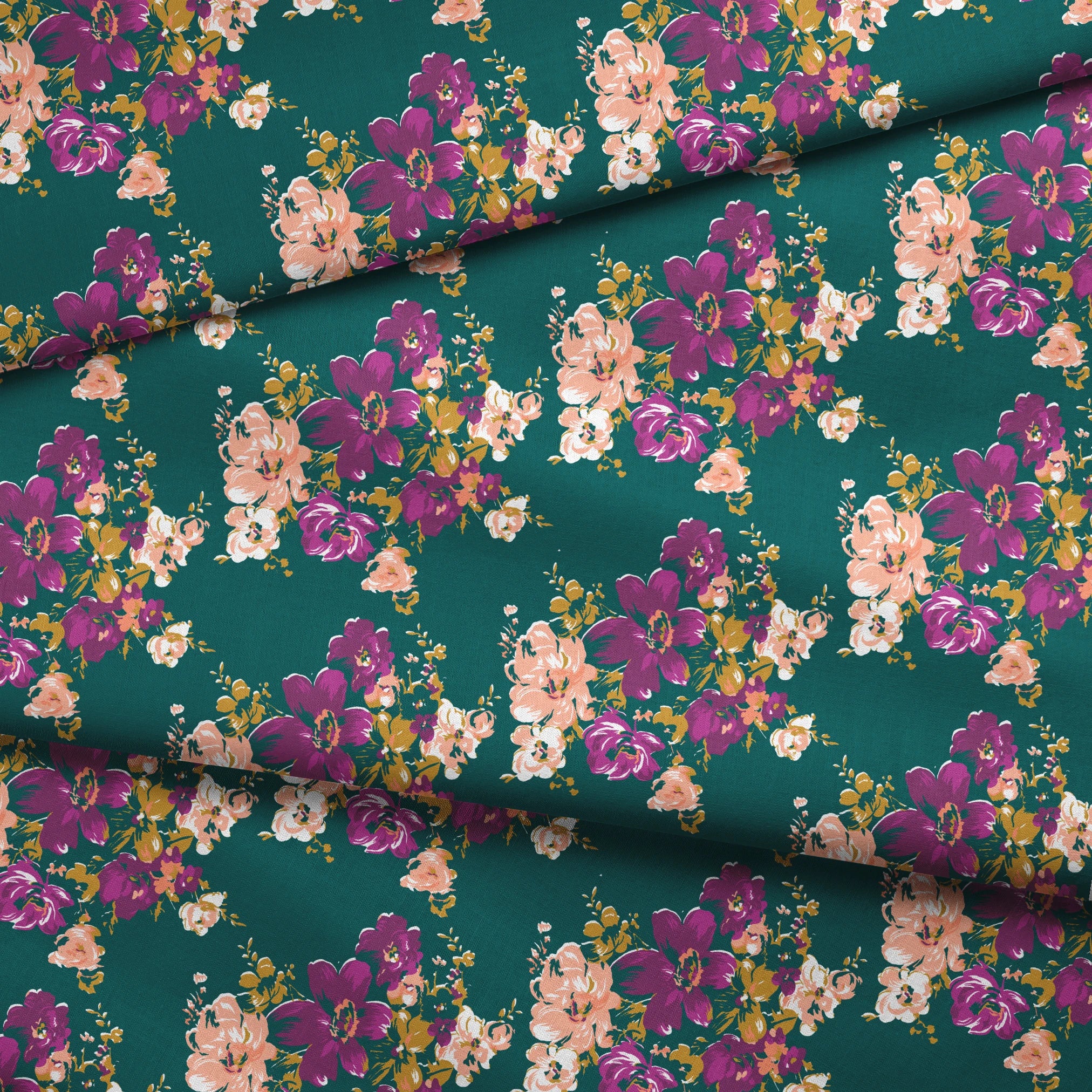 Vibrant floral pattern with purple and peach flowers on a deep teal background fabric fold mockup